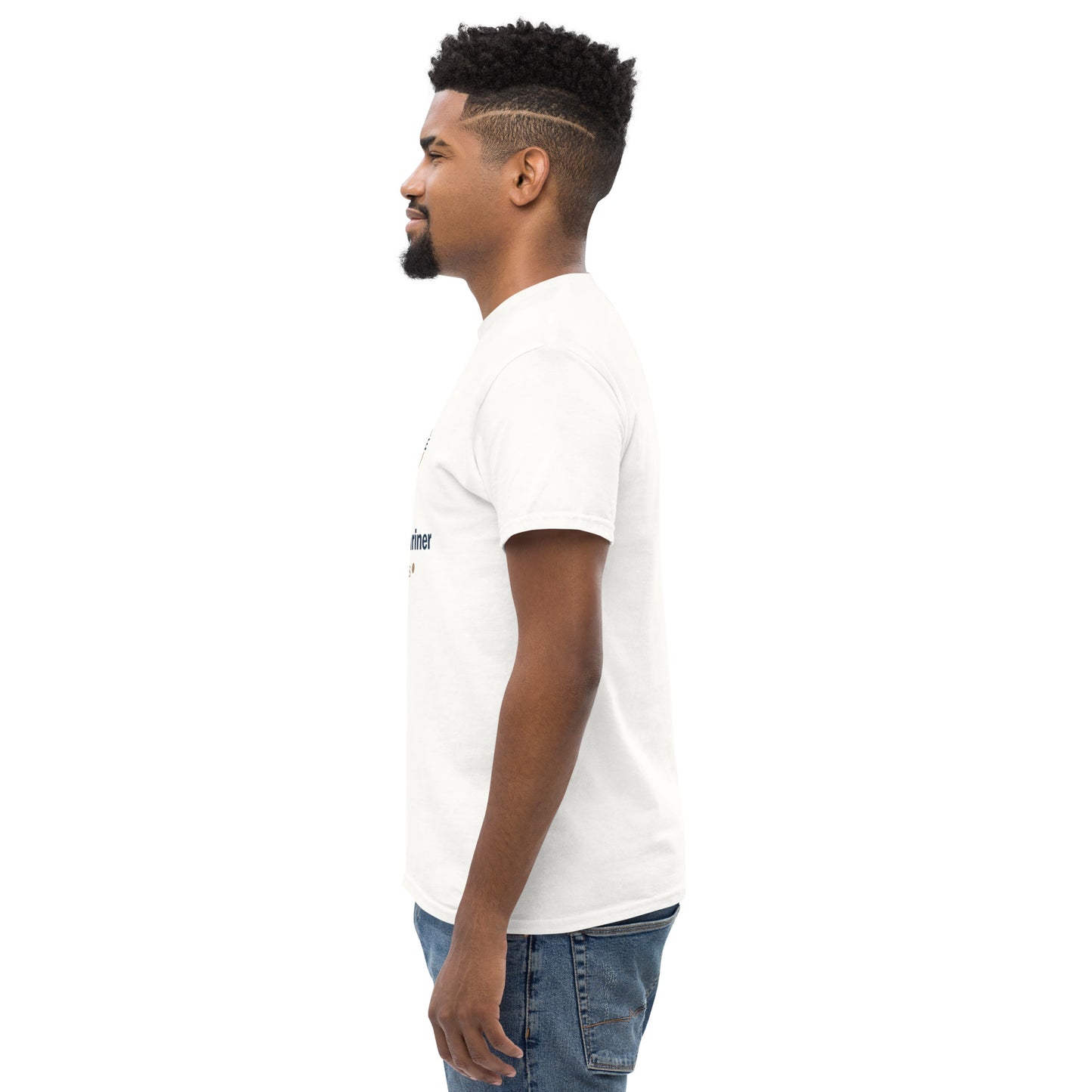 Unisex classic T-shirt, white, crew neck, short sleeves, plain front in side view.