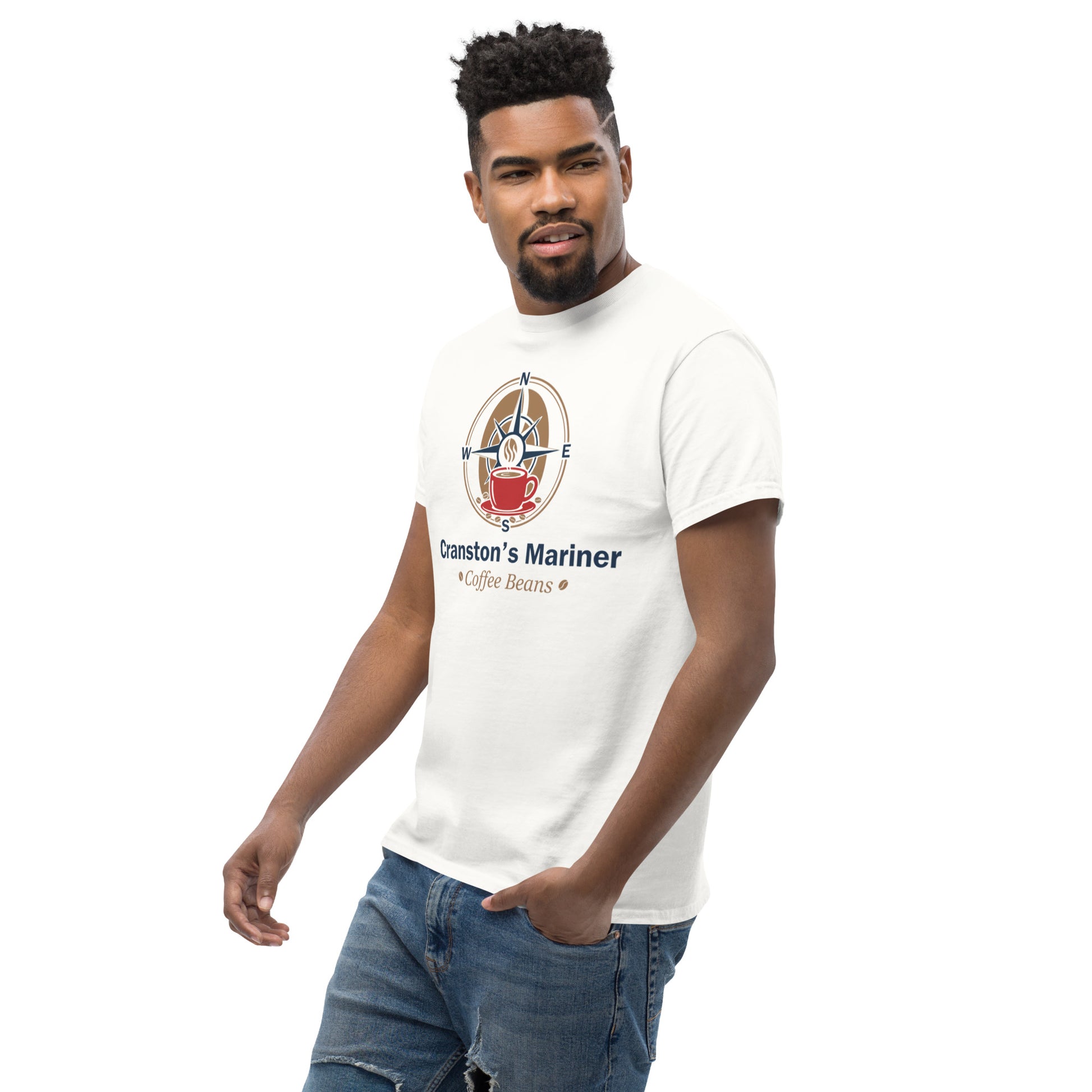 Unisex classic T-shirt, white, crew neck, graphic logo and text on chest.