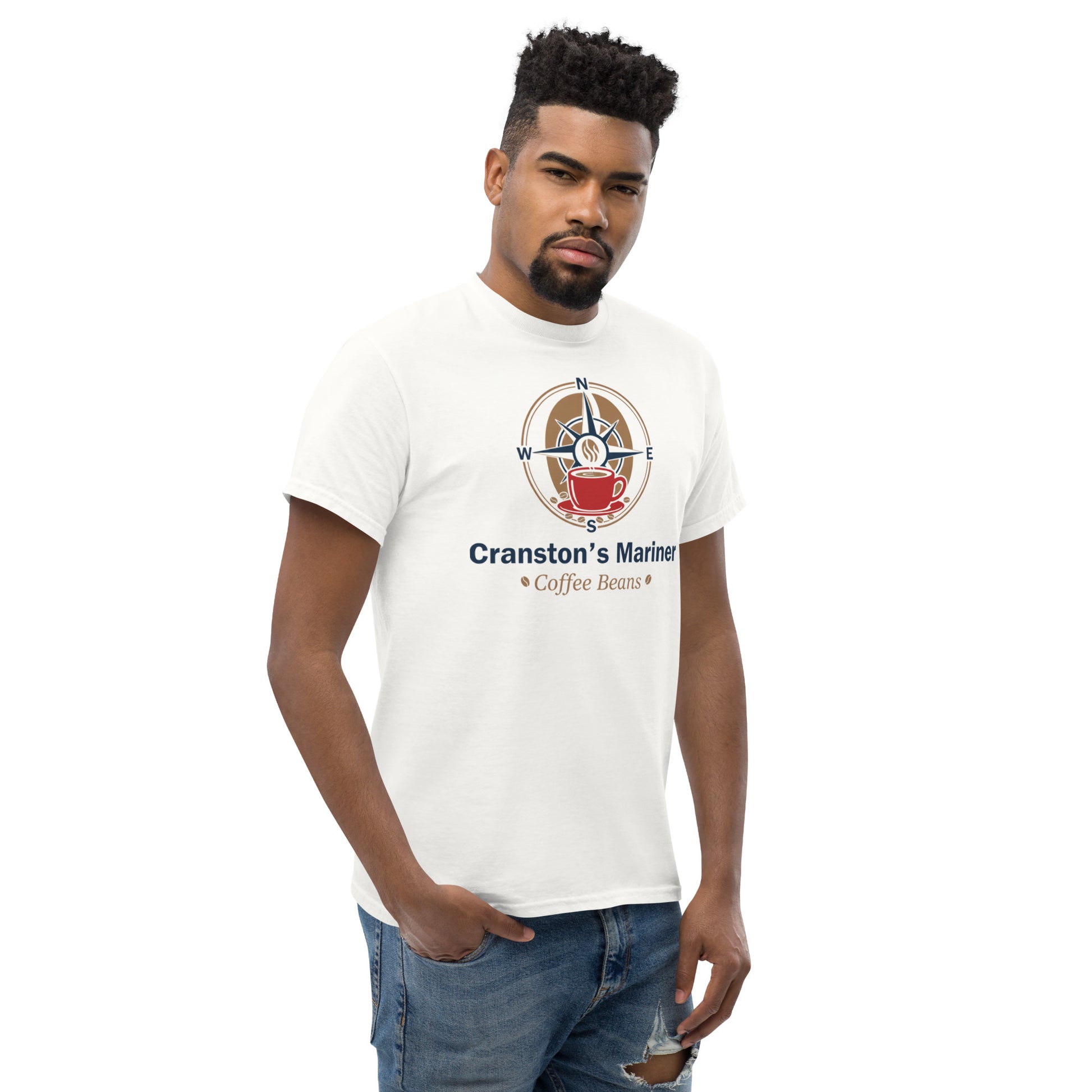 Unisex classic T-shirt, white, crew neck, chest emblem with text, short sleeves.