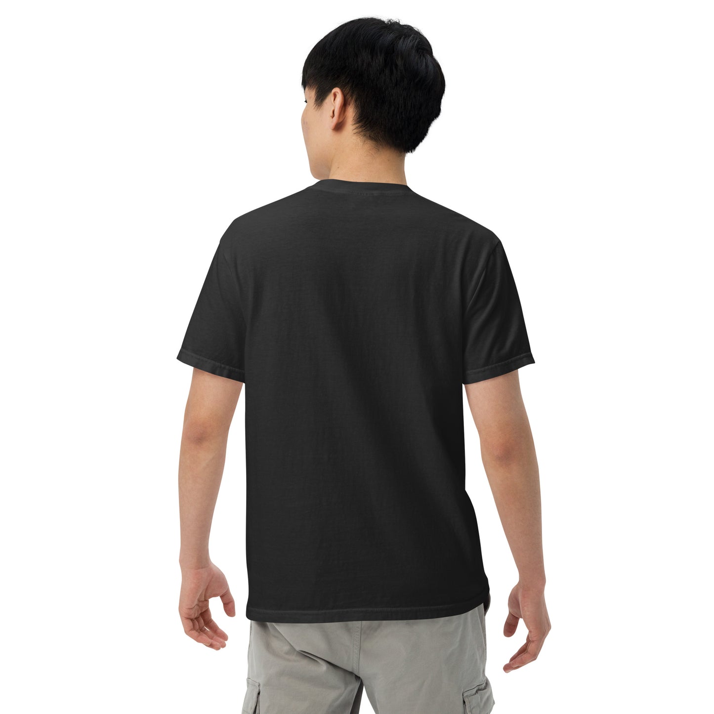 Black unisex heavyweight T-shirt, plain back, crew neck, short sleeves