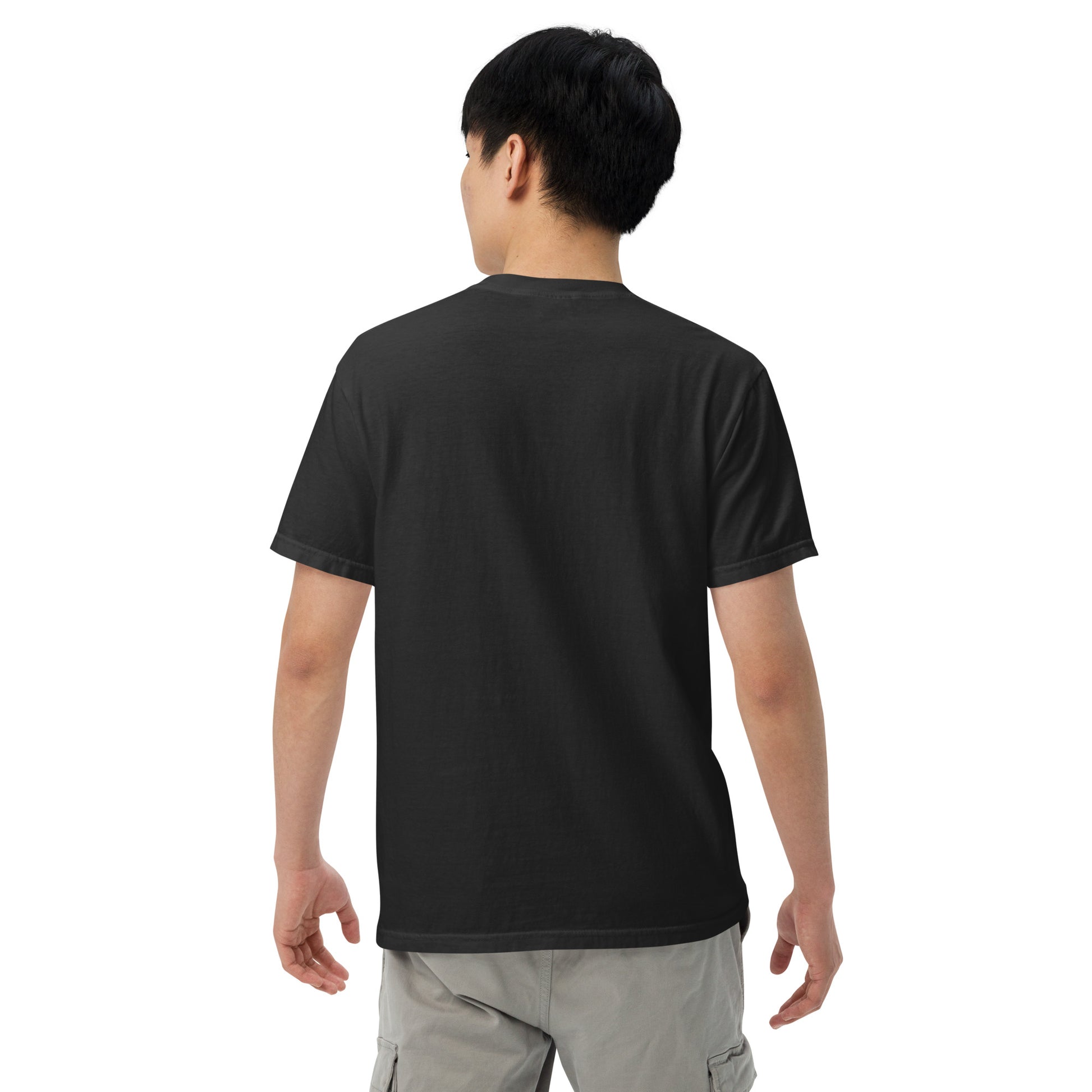 Black unisex heavyweight T-shirt, plain back, crew neck, short sleeves