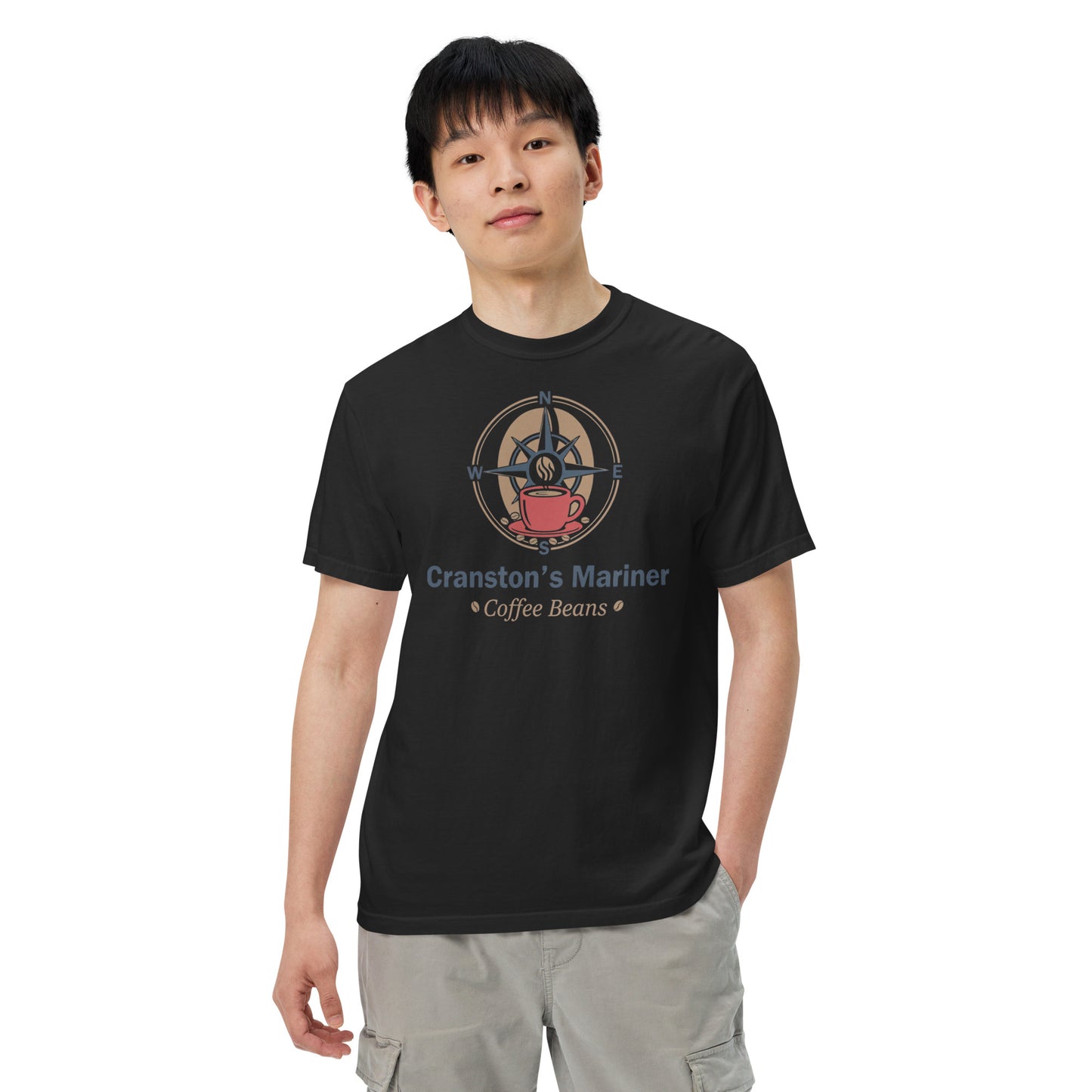 Black unisex heavyweight T-shirt with 'Cranston's Mariner' graphic, crew neck, short sleeves