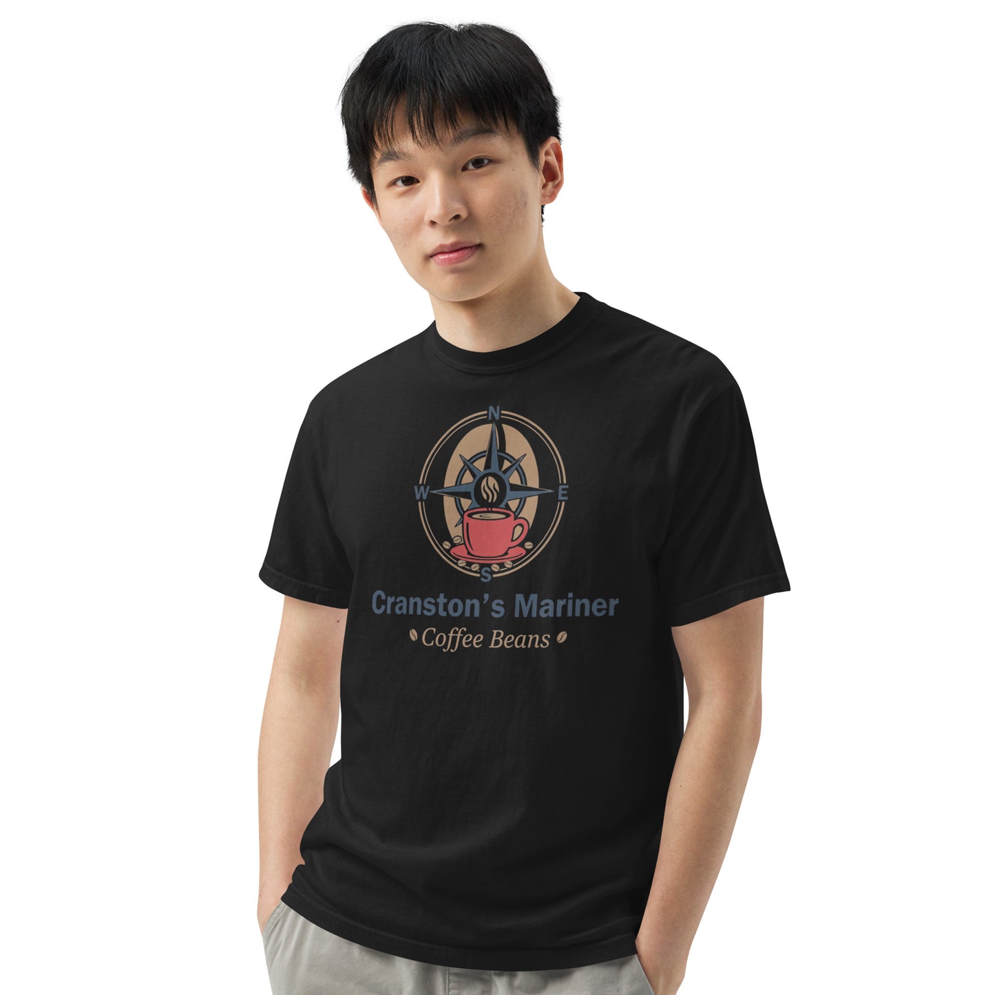 Black unisex heavyweight T-shirt with large 'Cranston's Mariner' graphic, crew neck