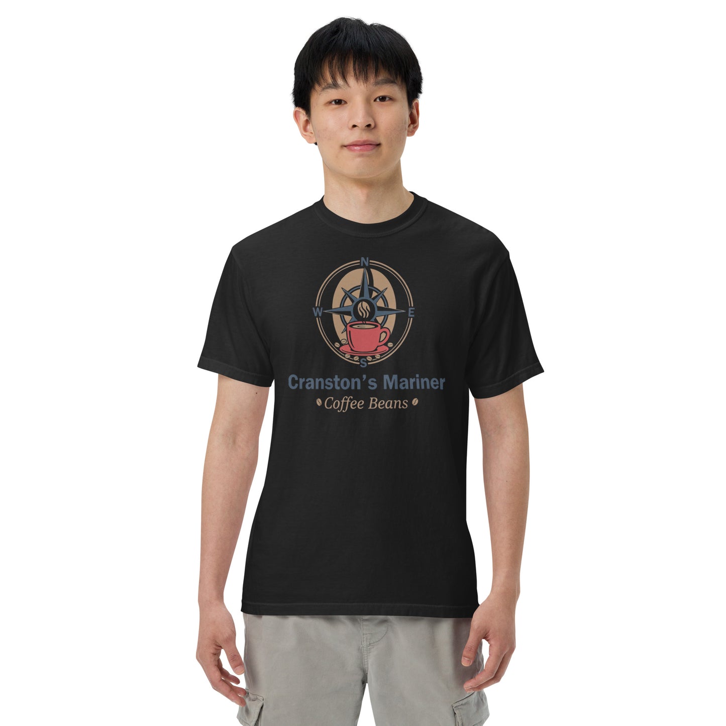 Black unisex heavyweight T-shirt with 'Cranston's Mariner' coffee-beans graphic, crew neck