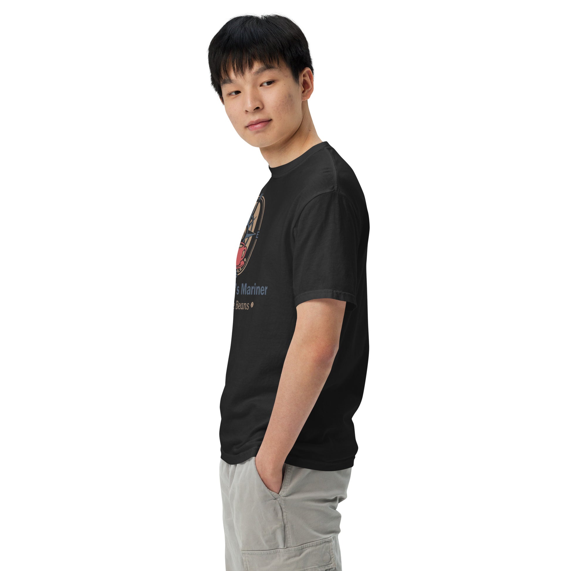 Black unisex heavyweight T-shirt, side view with partial chest graphic, crew neck