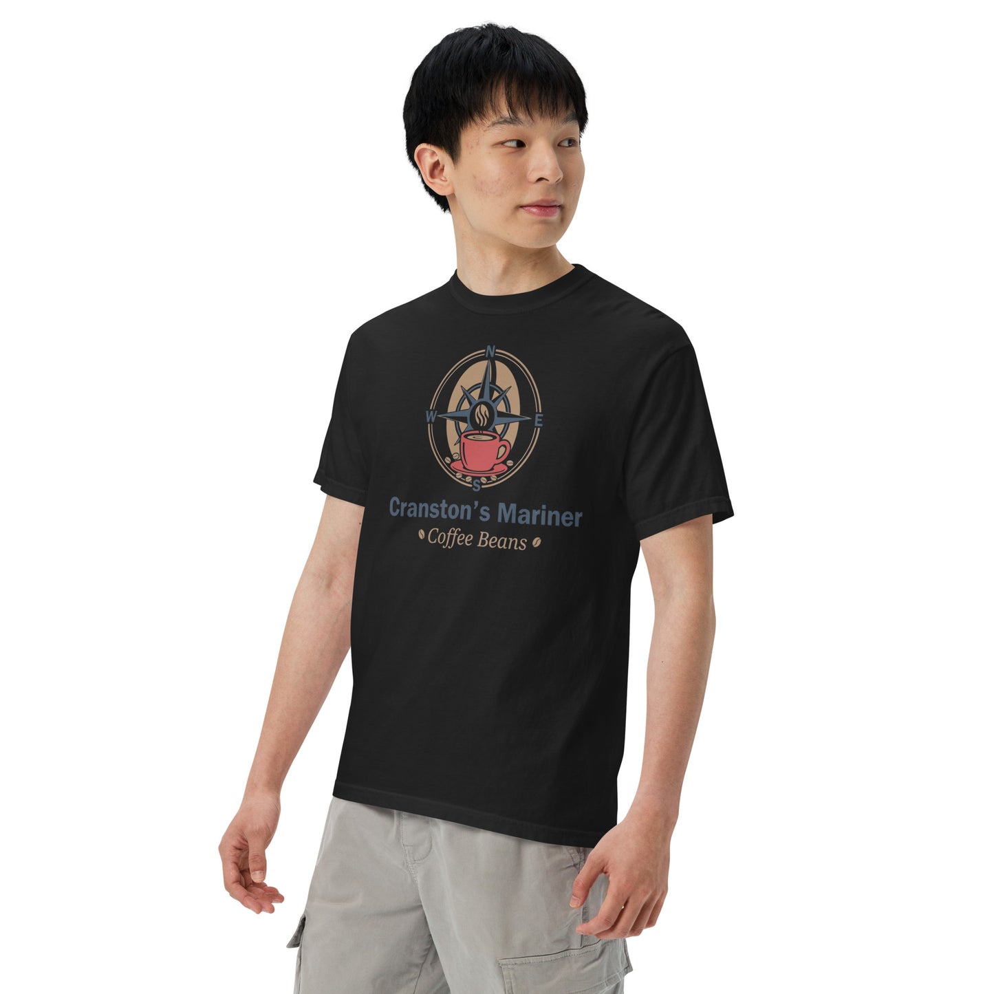 Black unisex heavyweight T-shirt with front 'Cranston's Mariner' coffee-beans graphic, crew neck