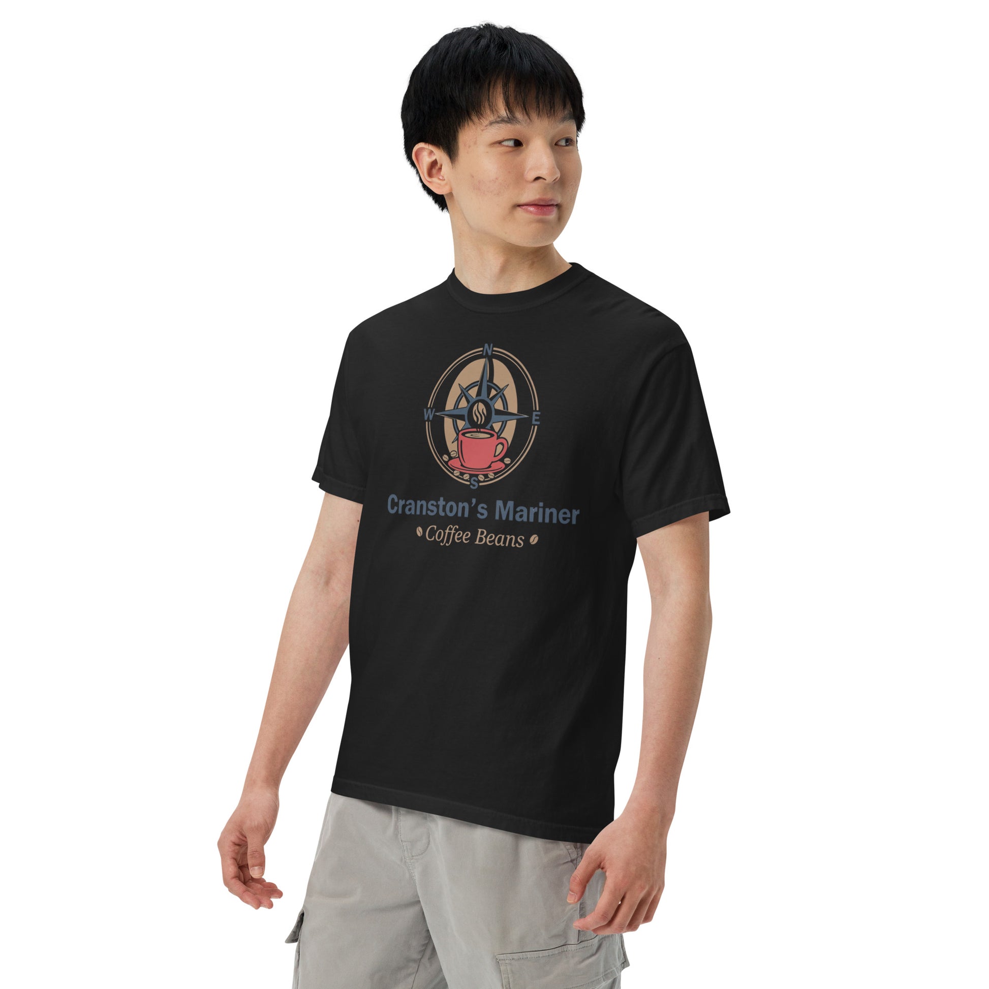 Black unisex heavyweight T-shirt with front 'Cranston's Mariner' coffee-beans graphic, crew neck