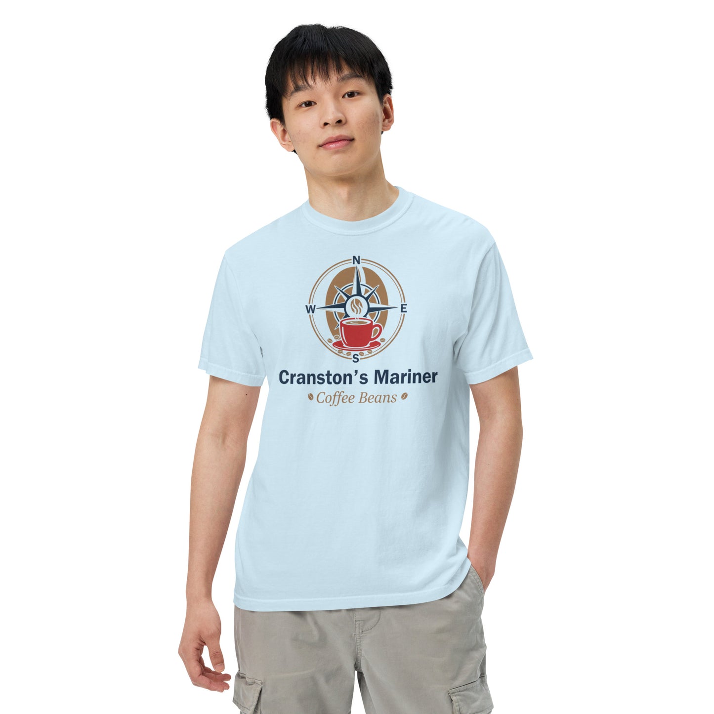Light blue heavyweight T-shirt front view with circular coffee logo graphic