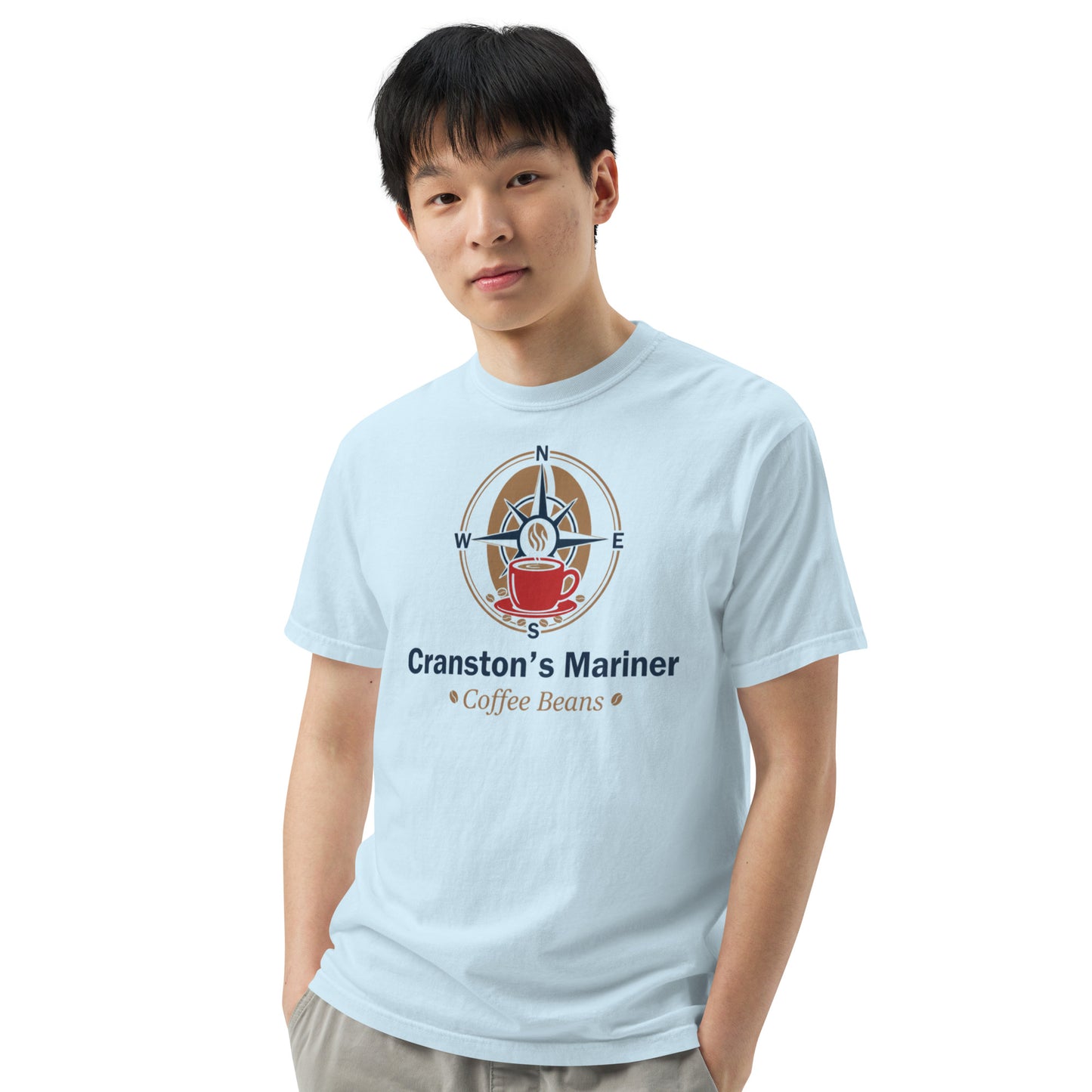 Light blue heavyweight T-shirt front view with circular coffee logo graphic