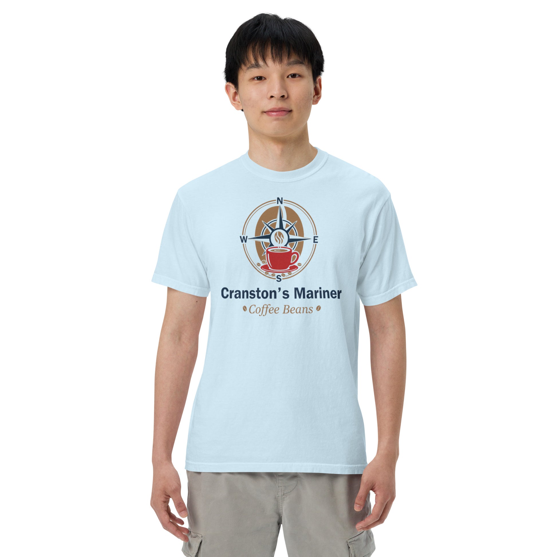 Light blue heavyweight T-shirt with front circular coffee logo graphic
