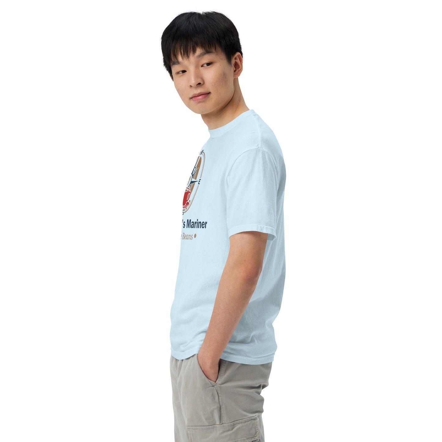 Light blue unisex heavyweight T-shirt with chest graphic, crew neck, short sleeves