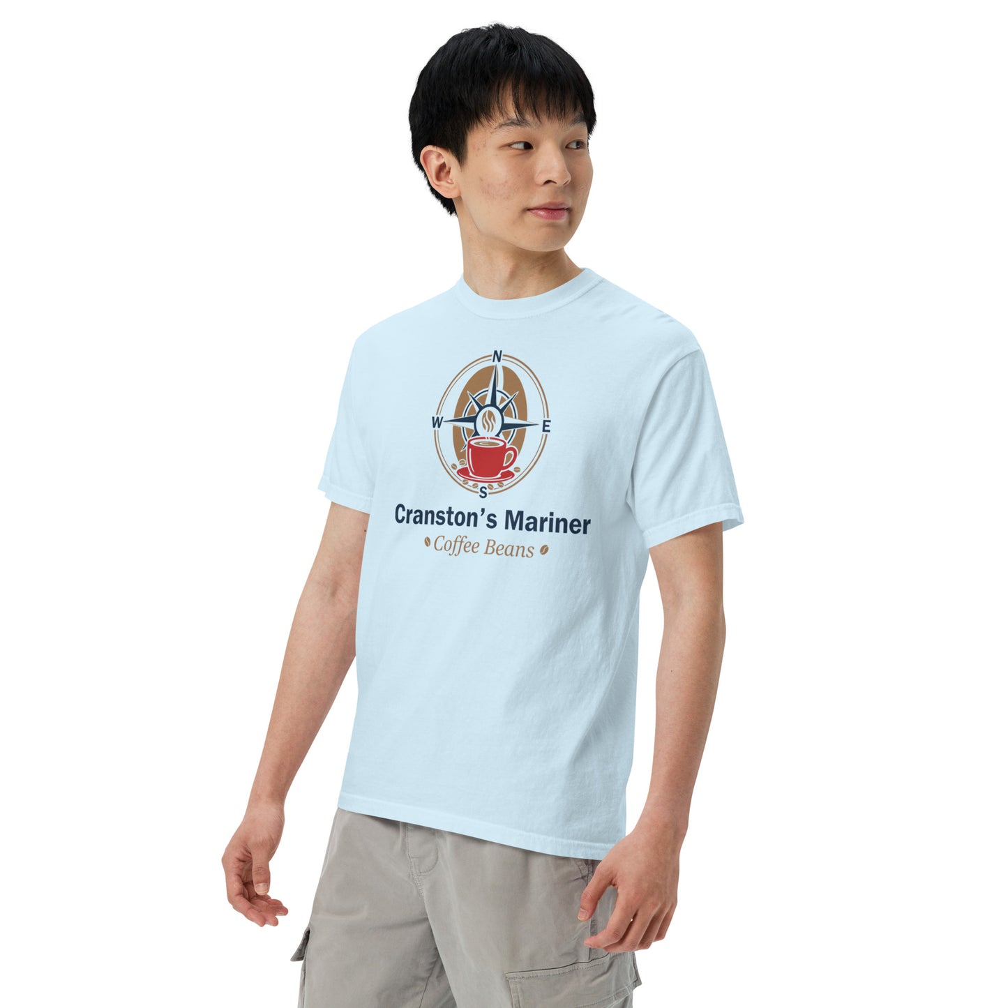 Light blue unisex heavyweight T-shirt with front graphic and crew neck, short sleeves