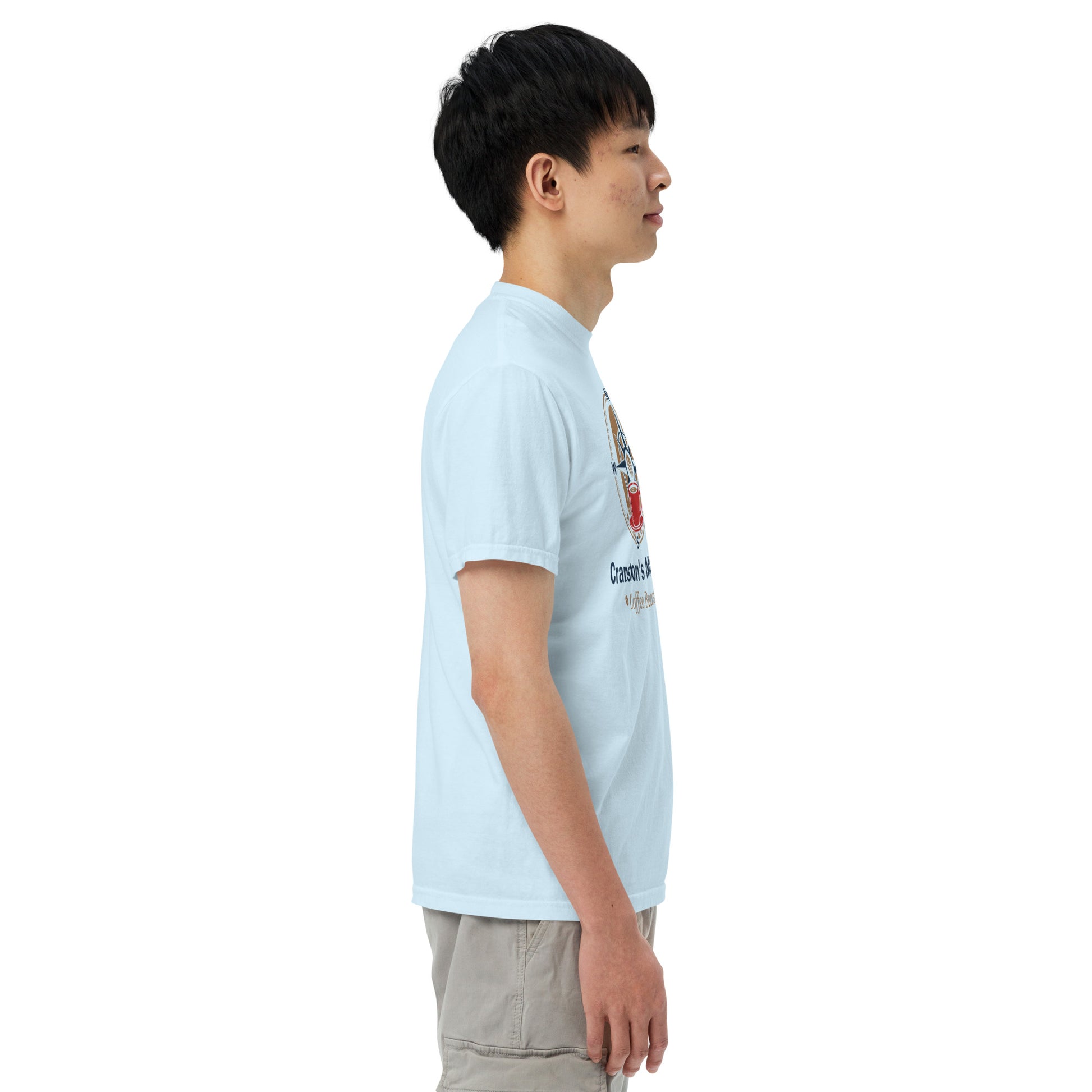 Light blue unisex heavyweight T-shirt with side chest graphic, crew neck, short sleeves