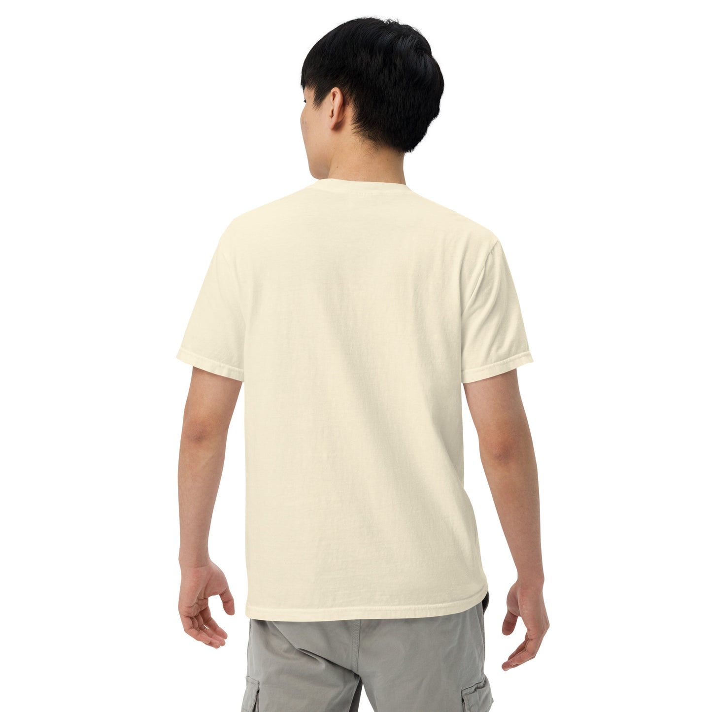 Ivory unisex heavyweight T-shirt back view, crew neck, short sleeves