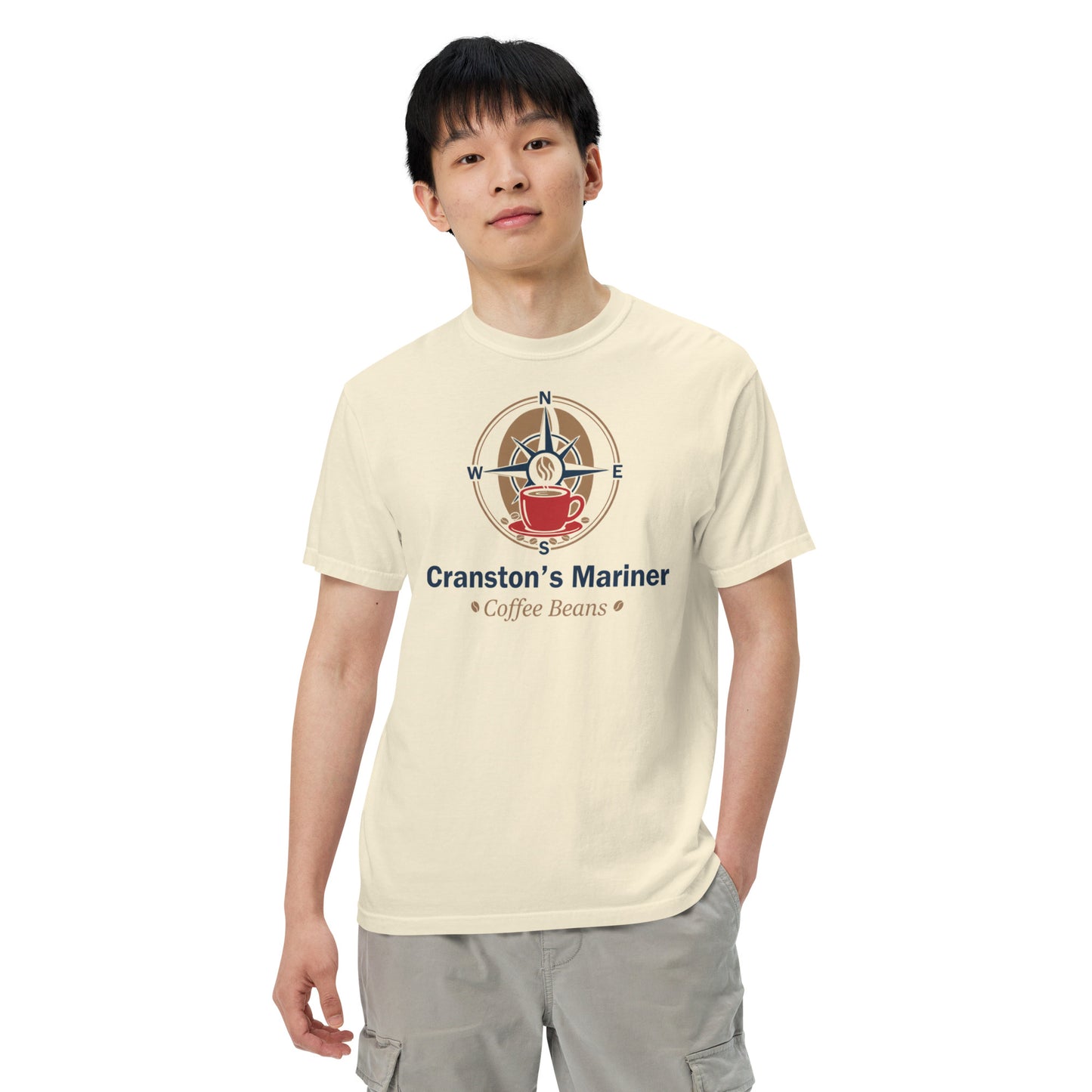 Ivory unisex heavyweight T-shirt with front chest graphic, crew neck, short sleeves