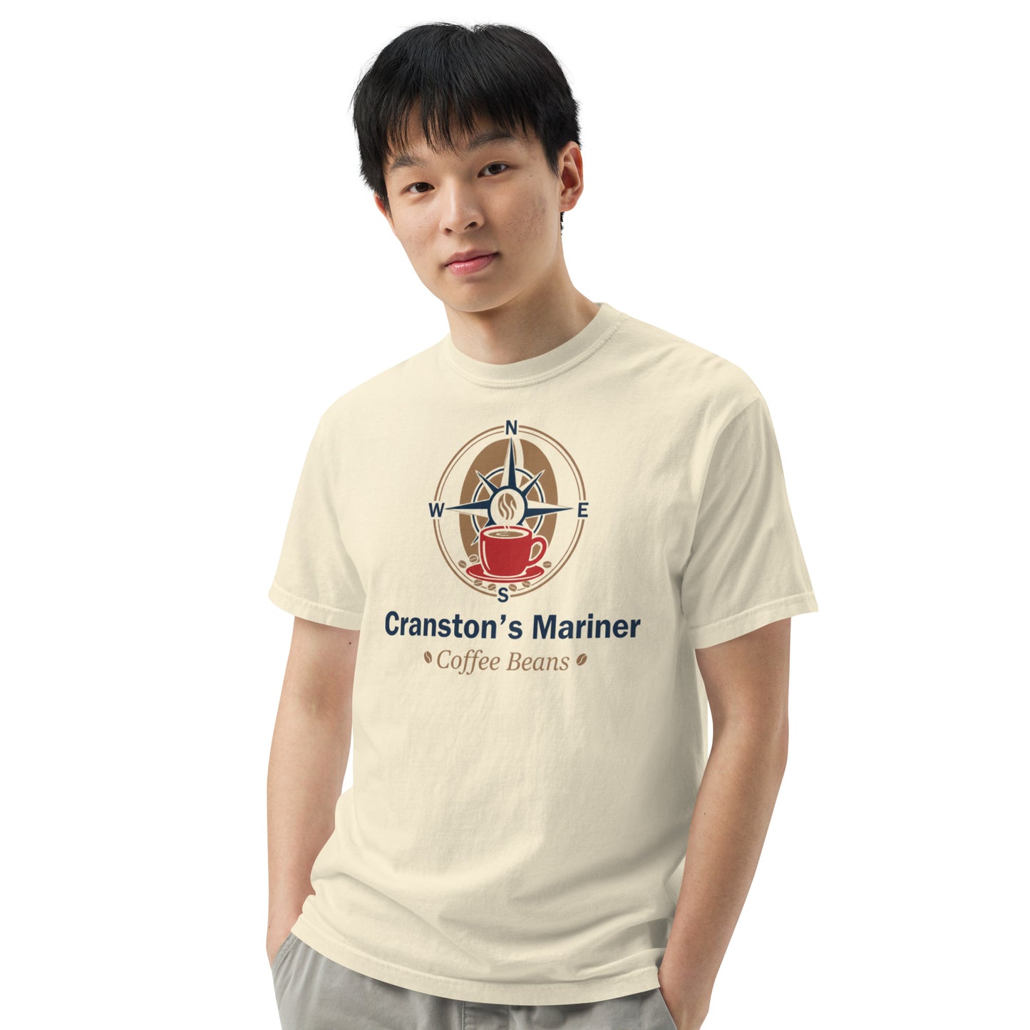 Ivory unisex heavyweight T-shirt with front graphic and crew neck, short sleeves