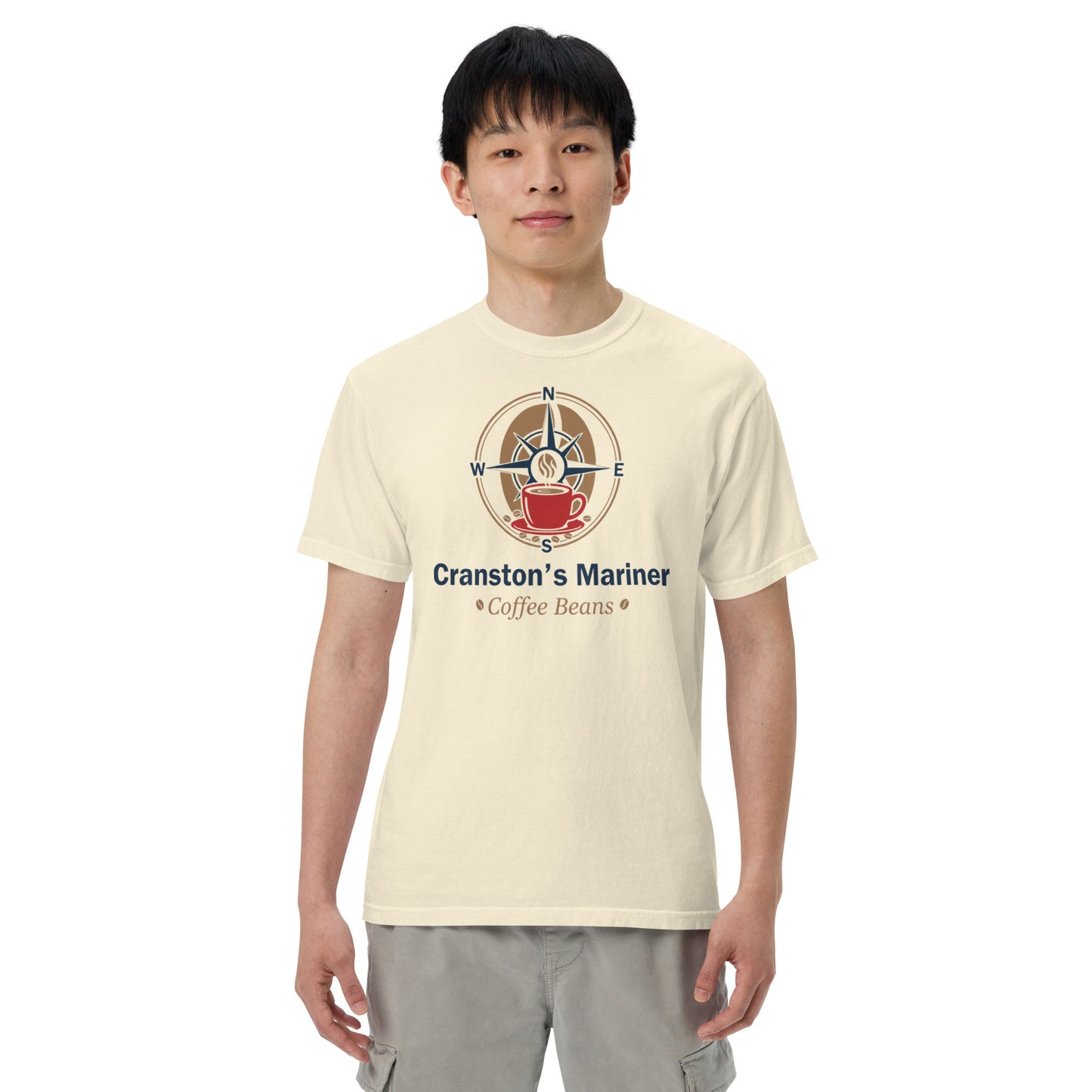 Ivory unisex heavyweight T-shirt with front graphic, crew neck, short sleeves