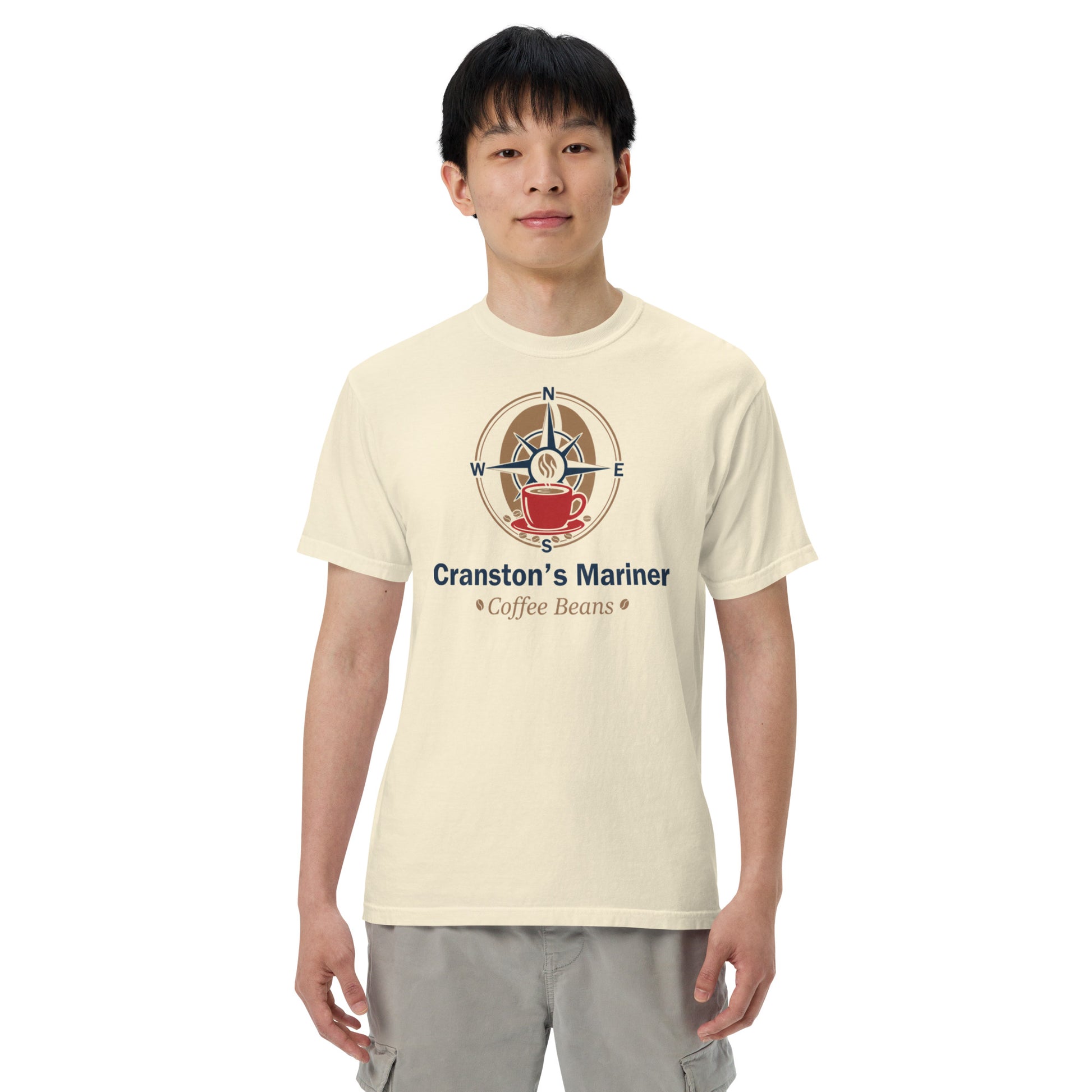 Ivory unisex heavyweight T-shirt with front graphic, crew neck, short sleeves