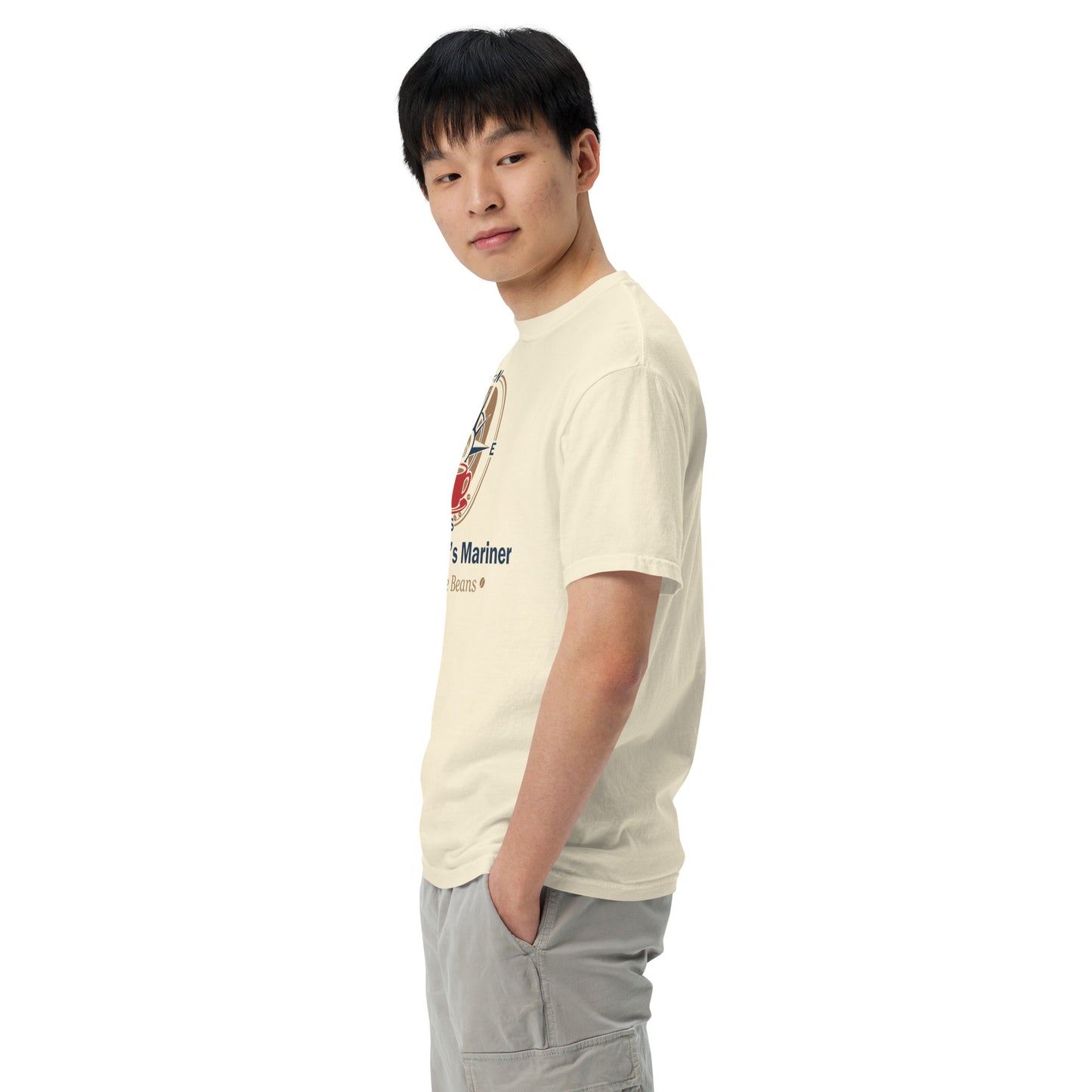 Ivory unisex heavyweight T-shirt with side chest graphic, crew neck, short sleeves