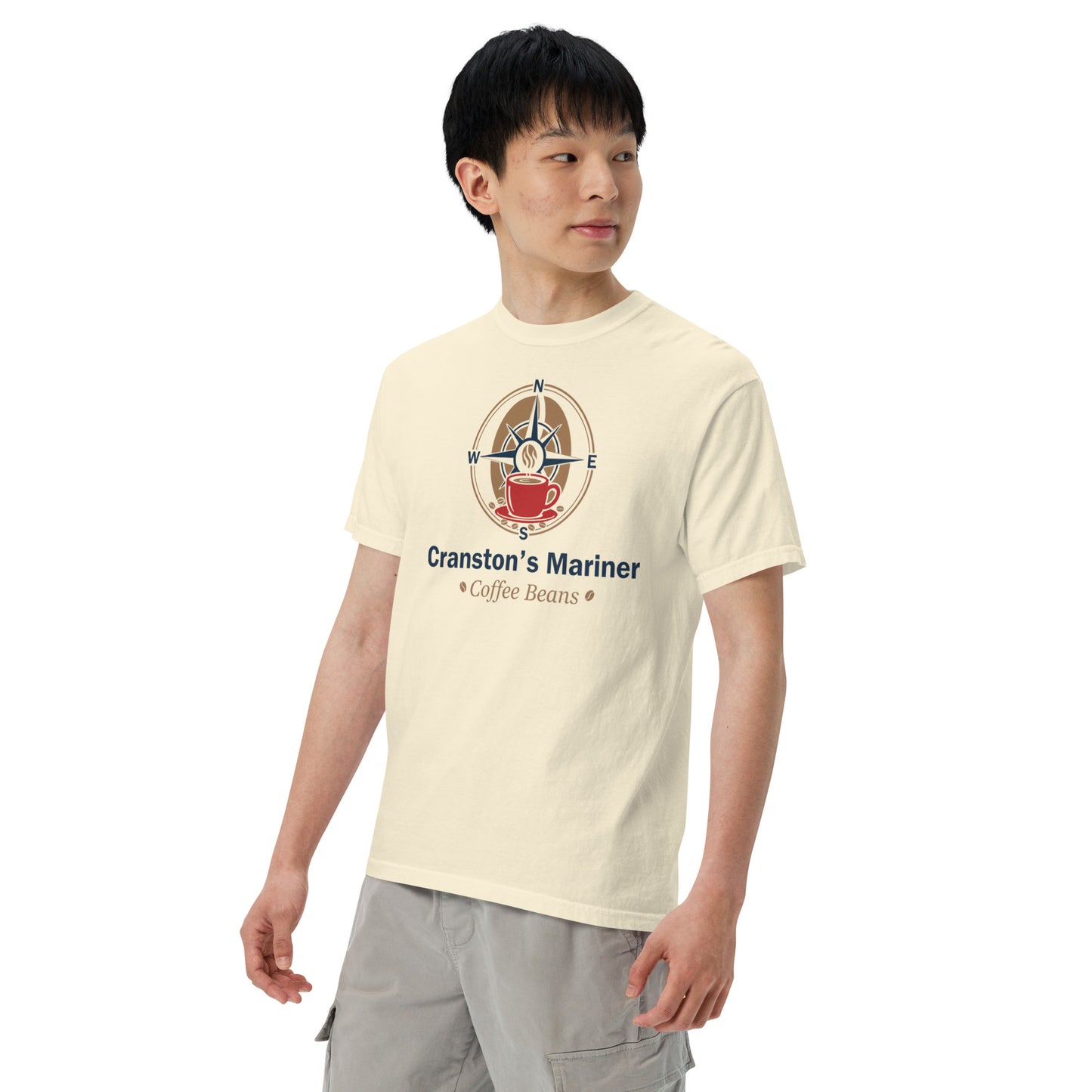 Ivory unisex heavyweight T-shirt with front graphic, crew neck, short sleeves