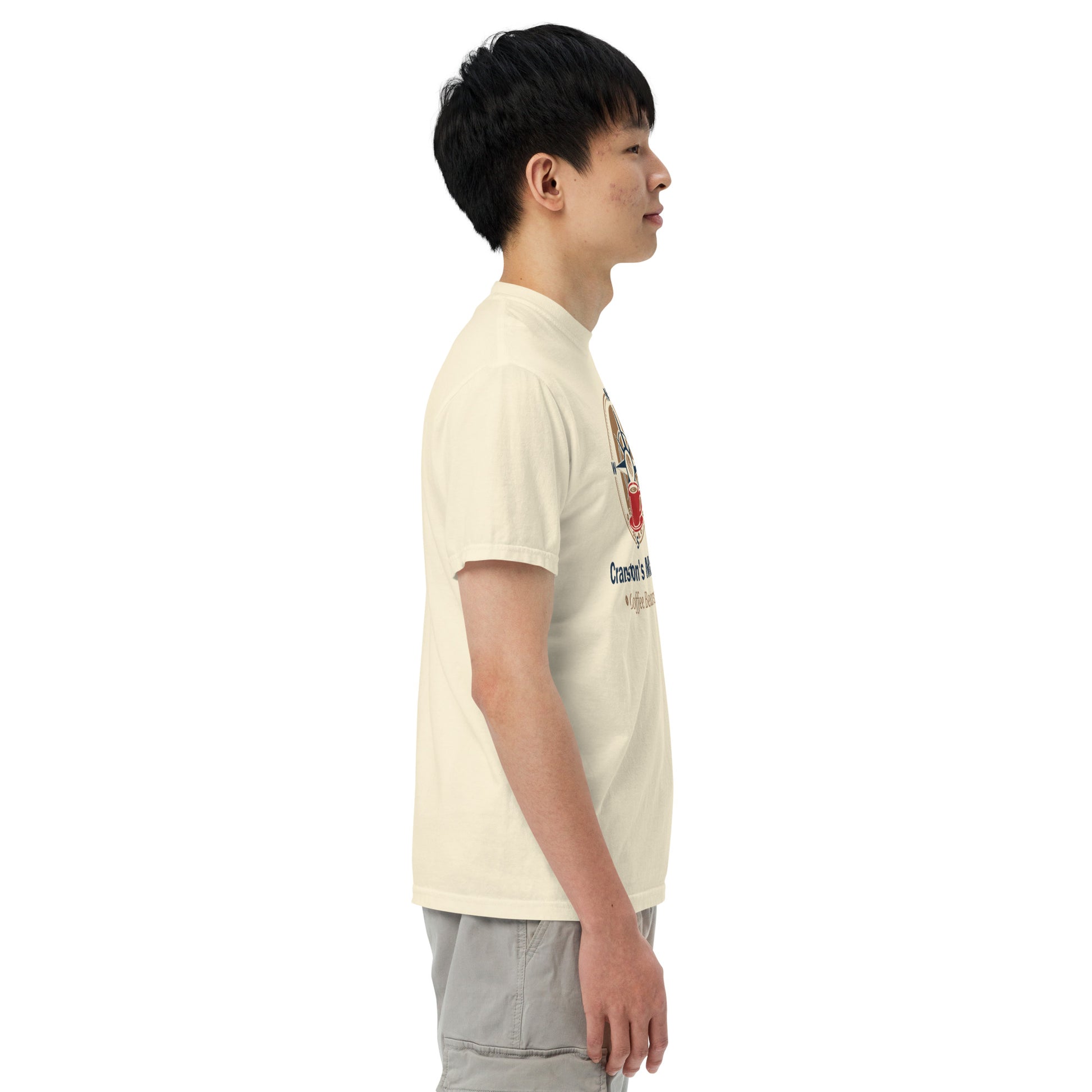 Ivory unisex heavyweight T-shirt with side chest graphic, crew neck, short sleeves