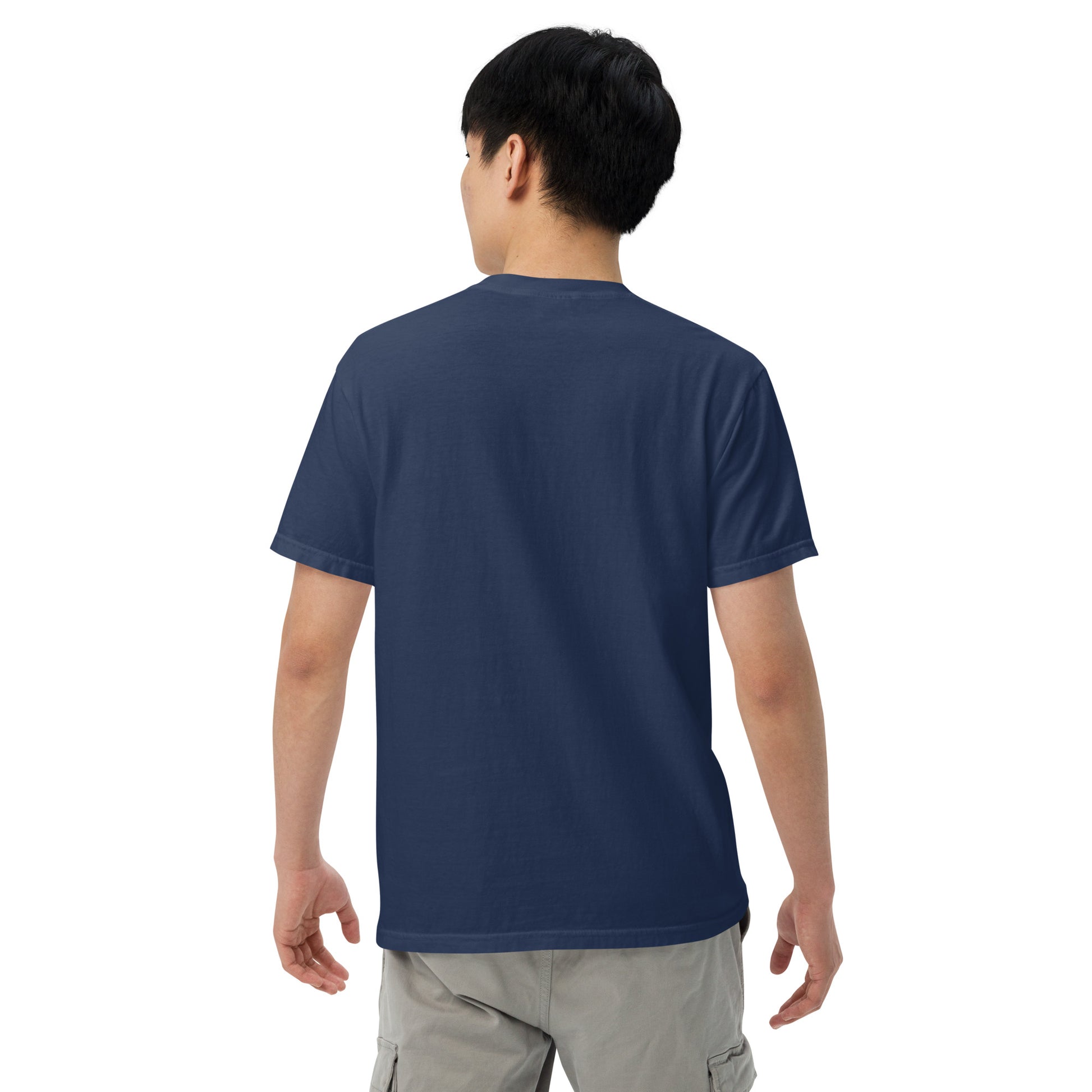 Dark blue heavyweight T-shirt back view, plain