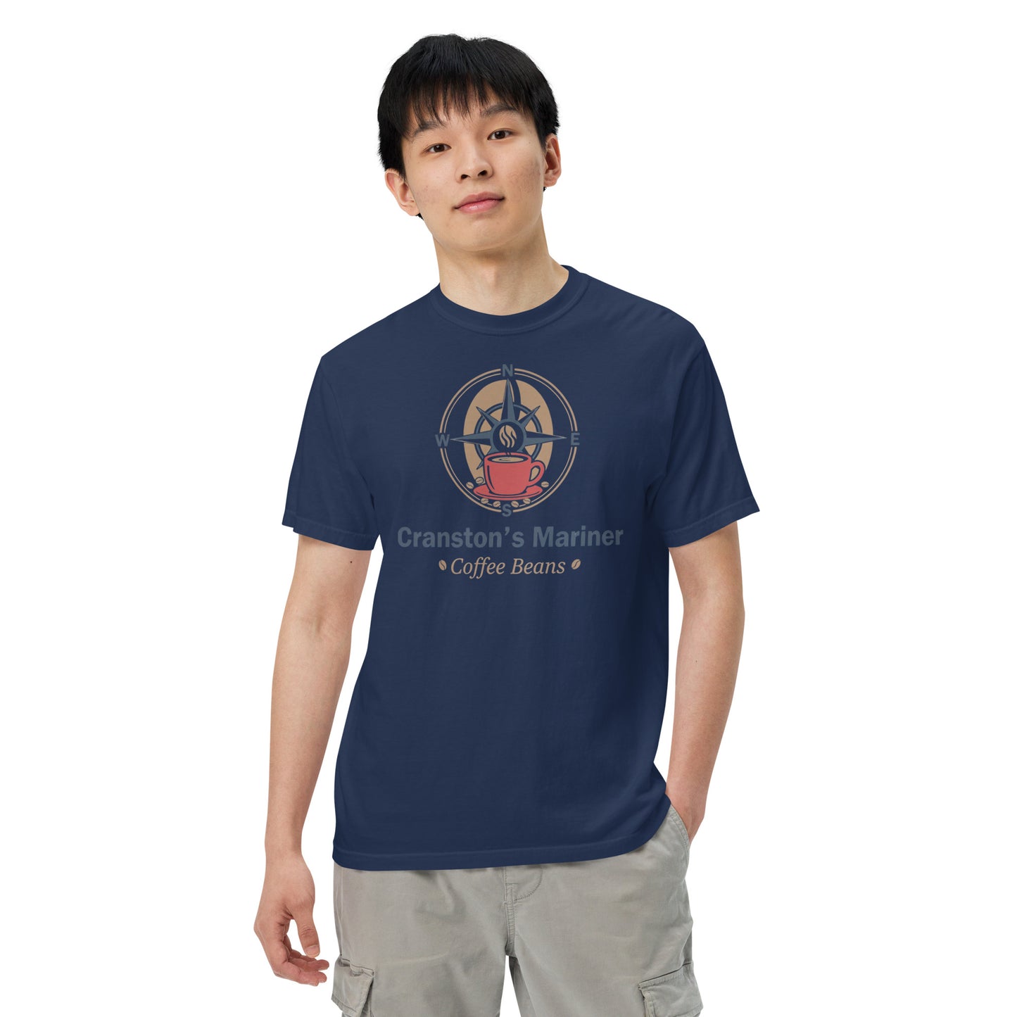 Dark blue heavyweight T-shirt with front circular coffee logo graphic