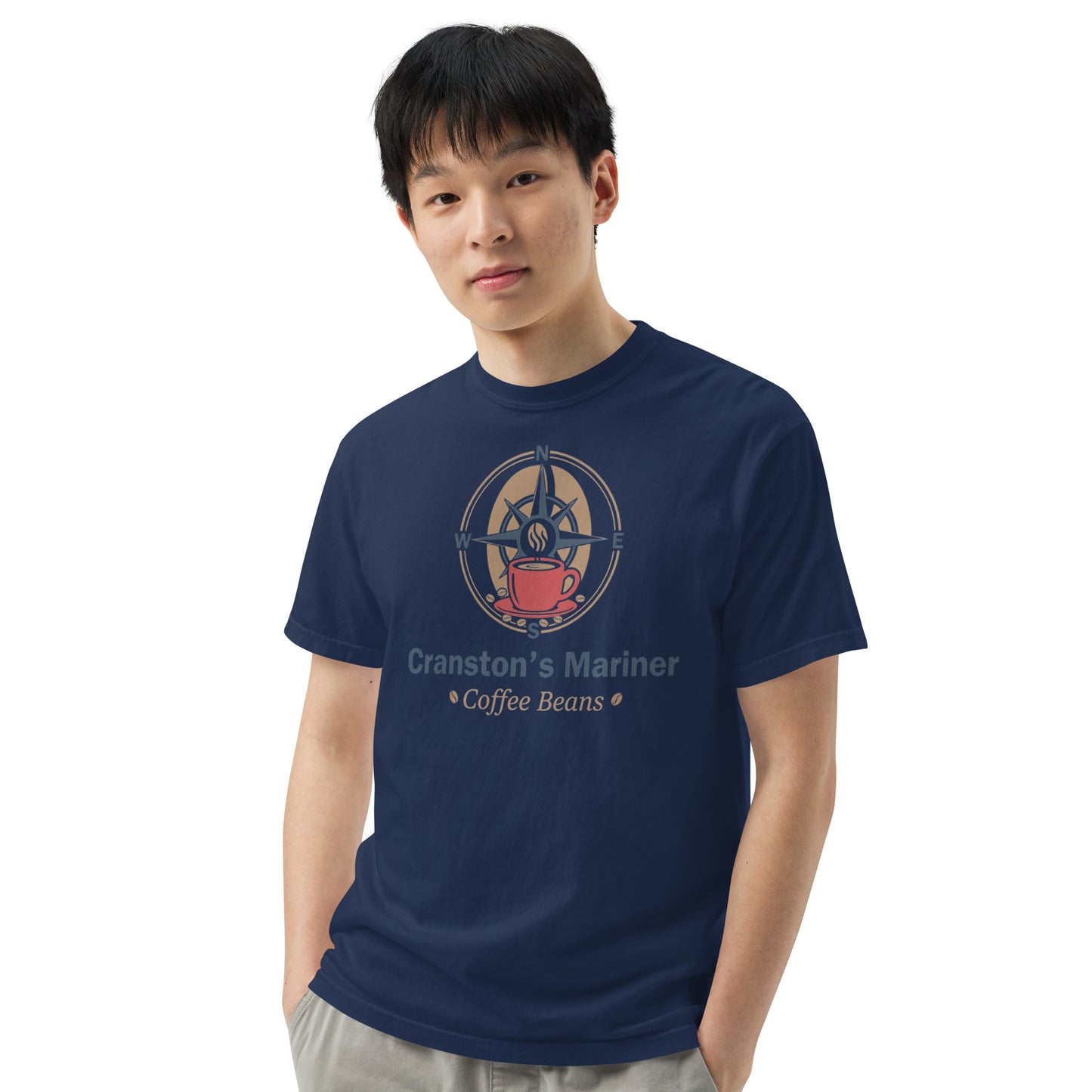 Dark blue heavyweight T-shirt front view with circular coffee logo graphic