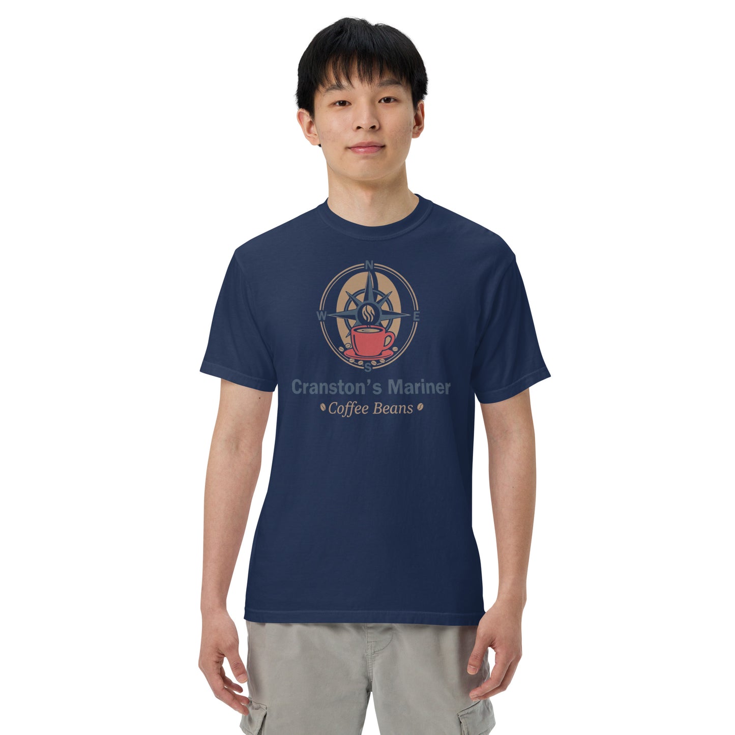 True navy unisex heavyweight T-shirt with 'Cranston's Mariner' coffee-beans graphic, crew neck