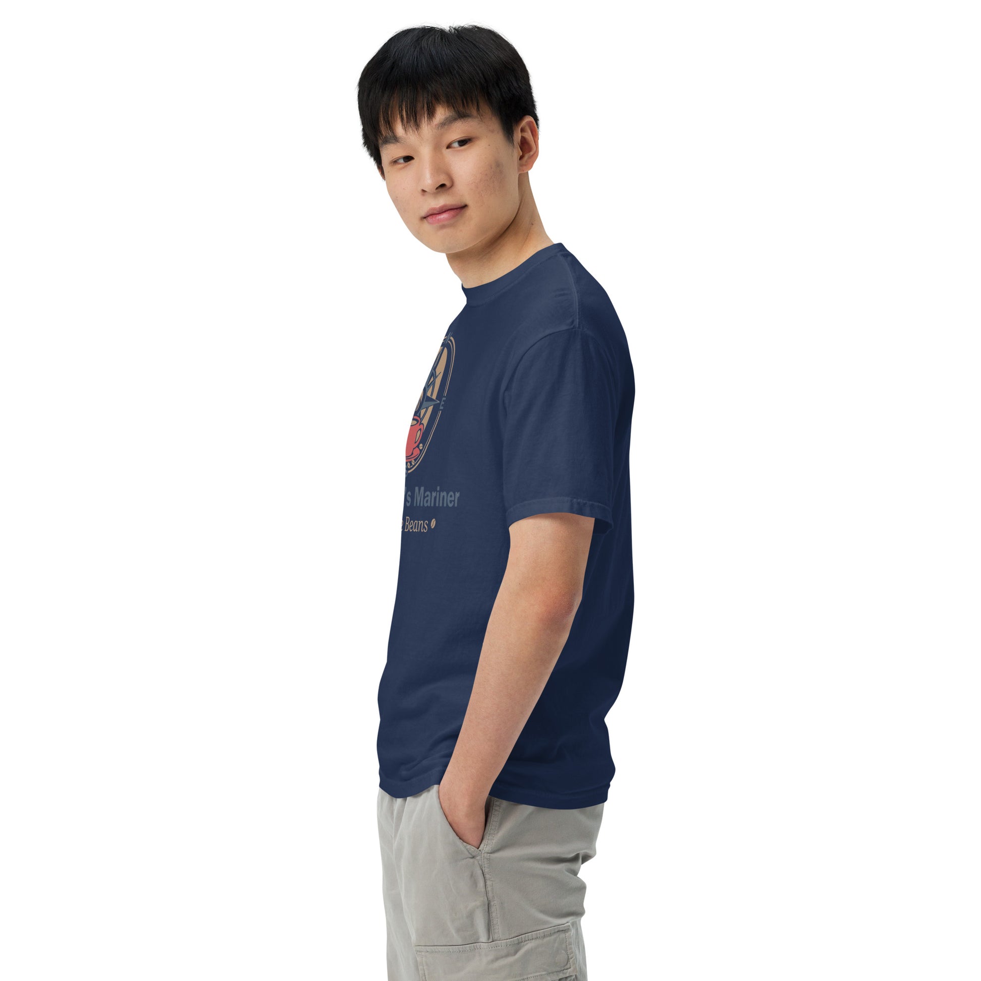 Dark blue heavyweight T-shirt side view with small front graphic at chest
