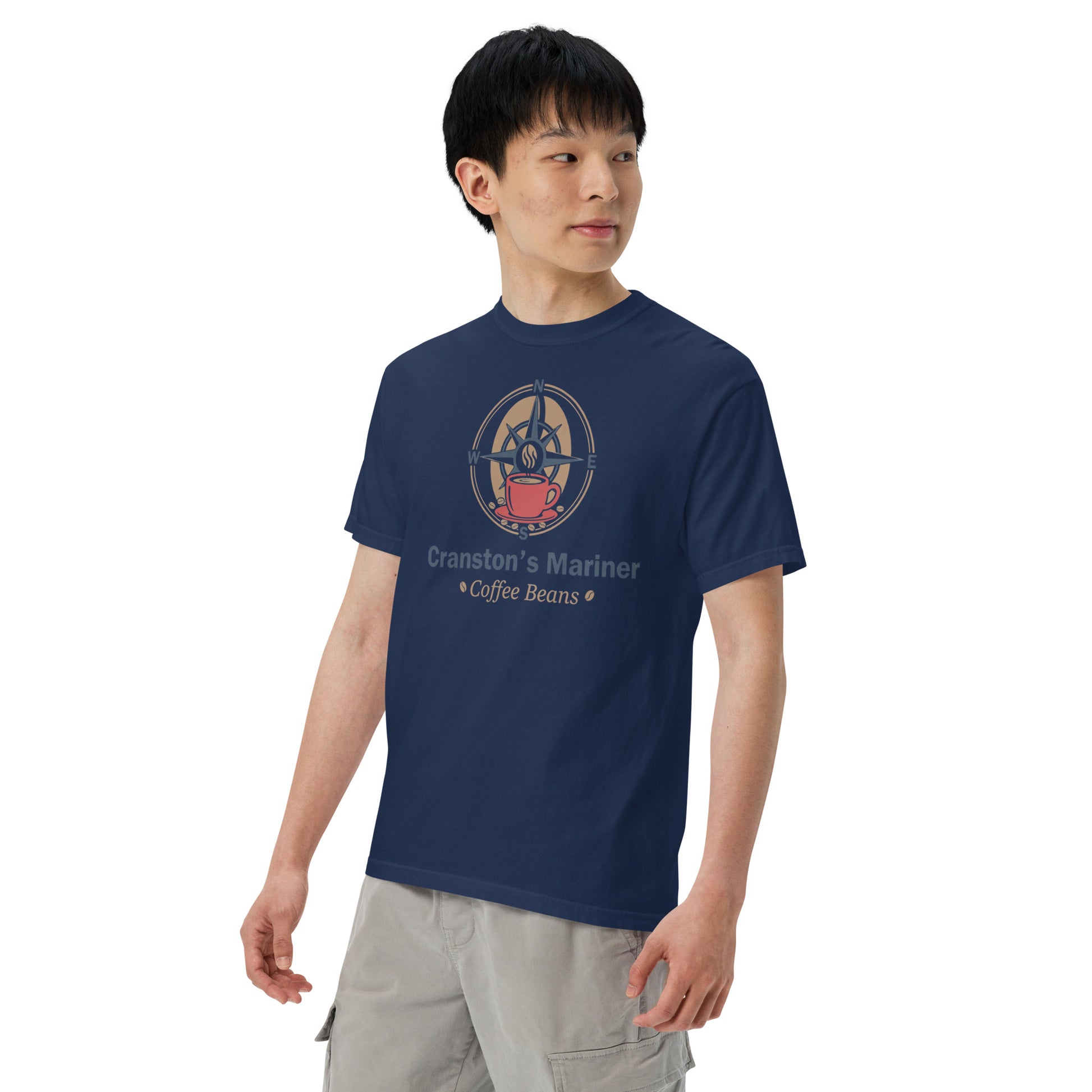 Dark blue heavyweight T-shirt front view with circular coffee logo graphic