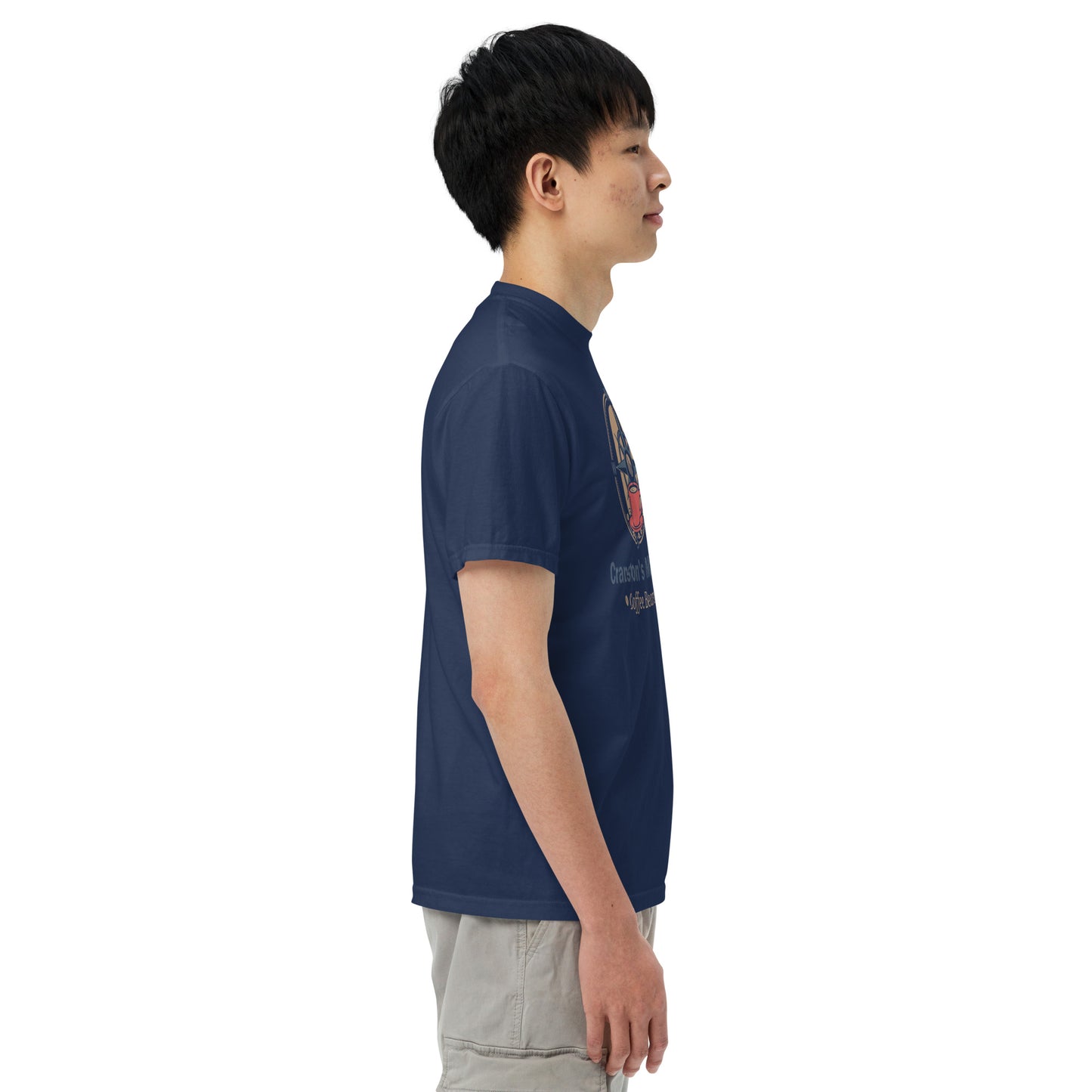 Dark blue heavyweight T-shirt side view with front graphic detail