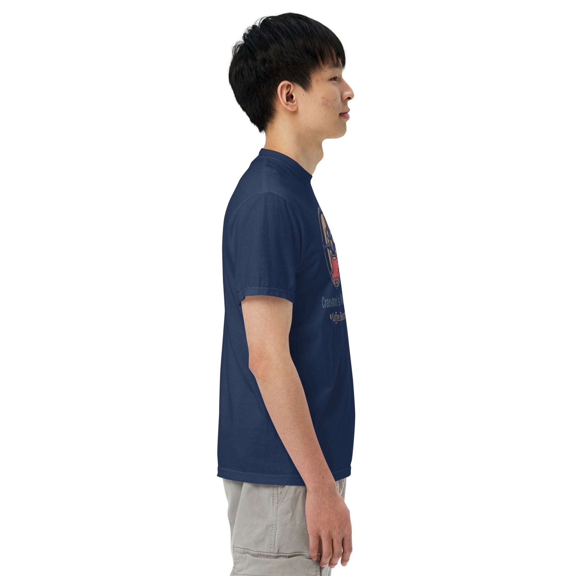 Dark blue heavyweight T-shirt side view with front graphic detail