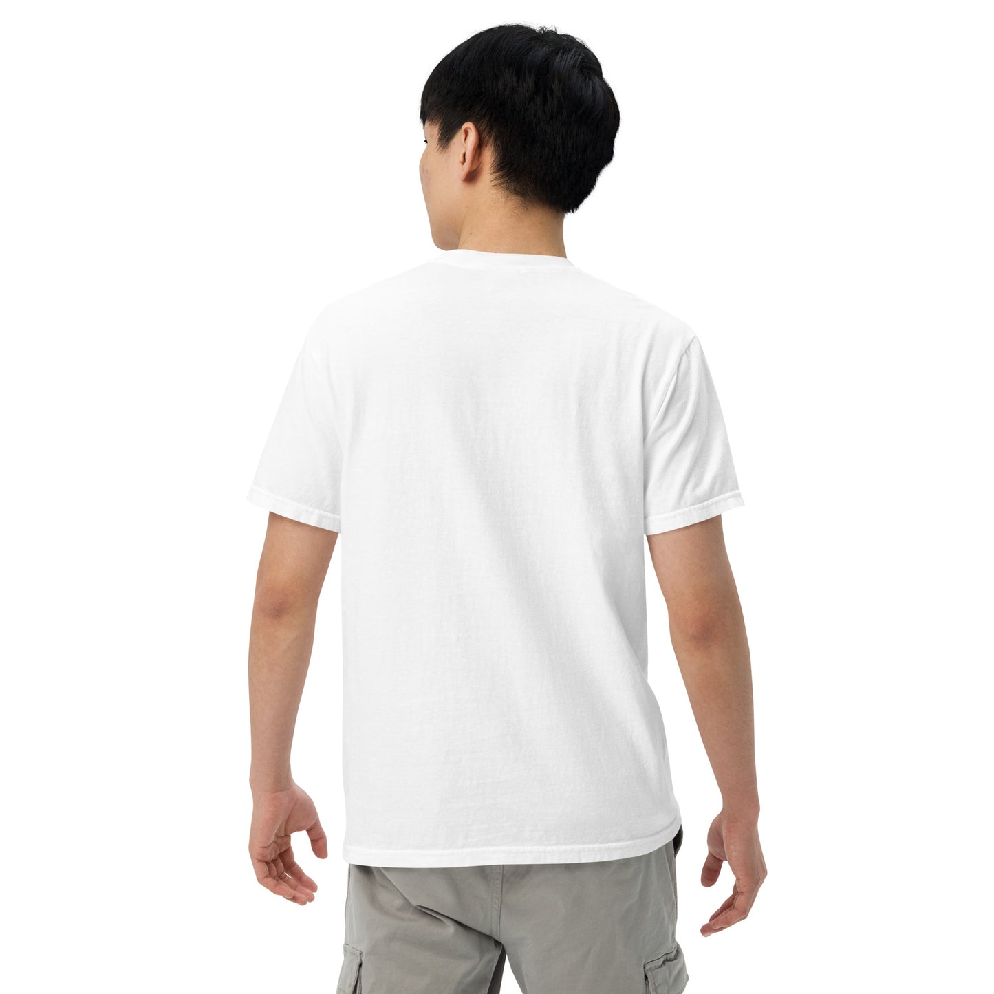 White heavyweight unisex T-shirt, back view, crew neck and short sleeves