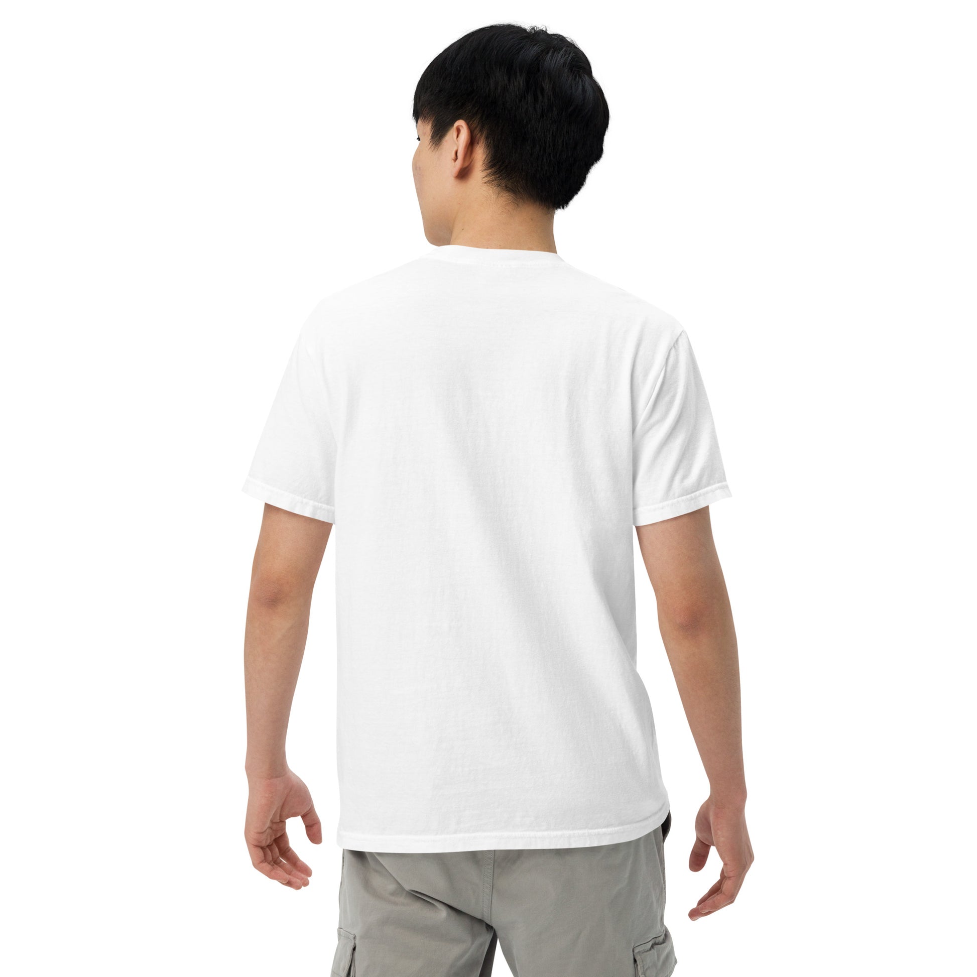 White heavyweight unisex T-shirt, back view, crew neck and short sleeves