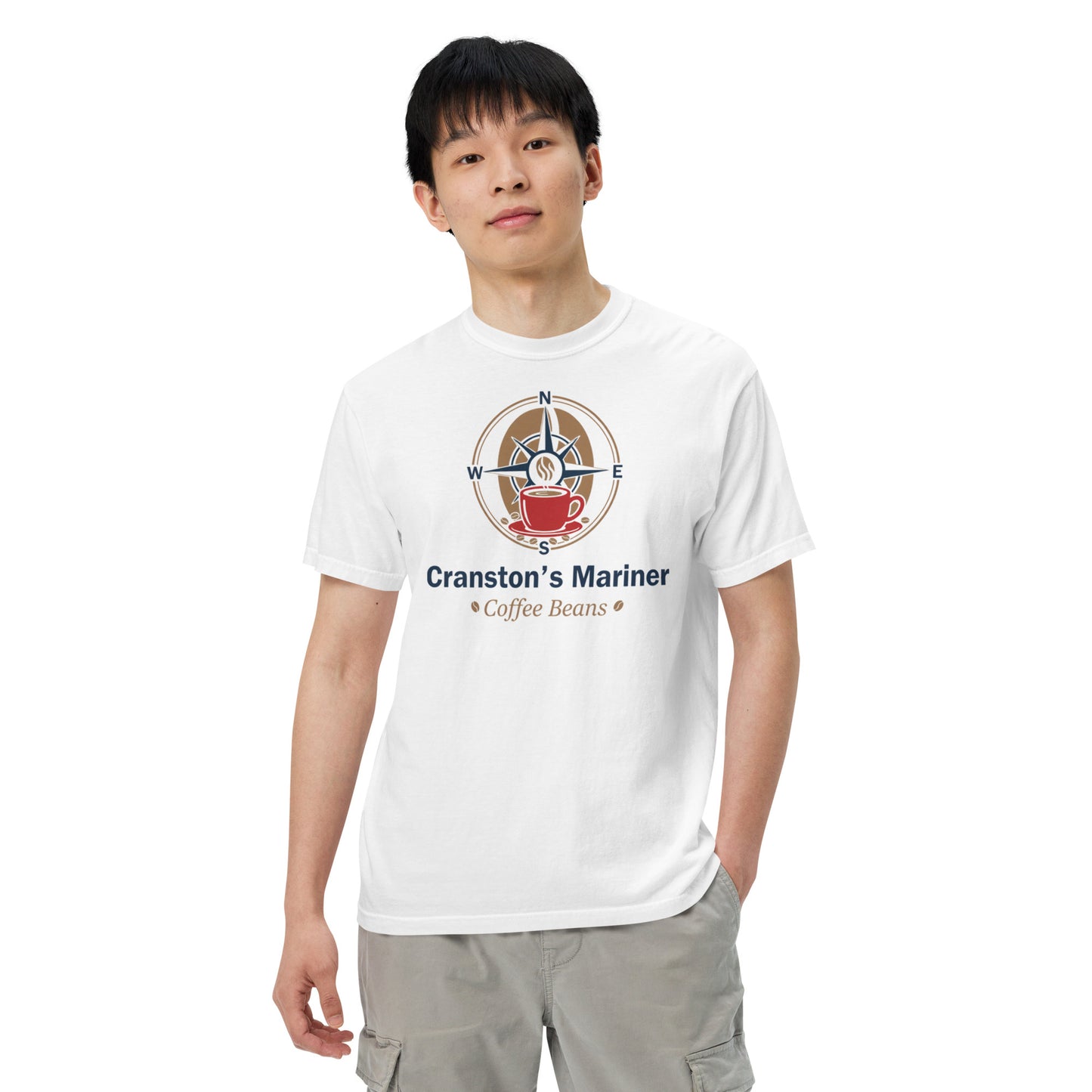 White unisex heavyweight T-shirt with 'Cranston's Mariner' coffee-beans graphic, crew neck