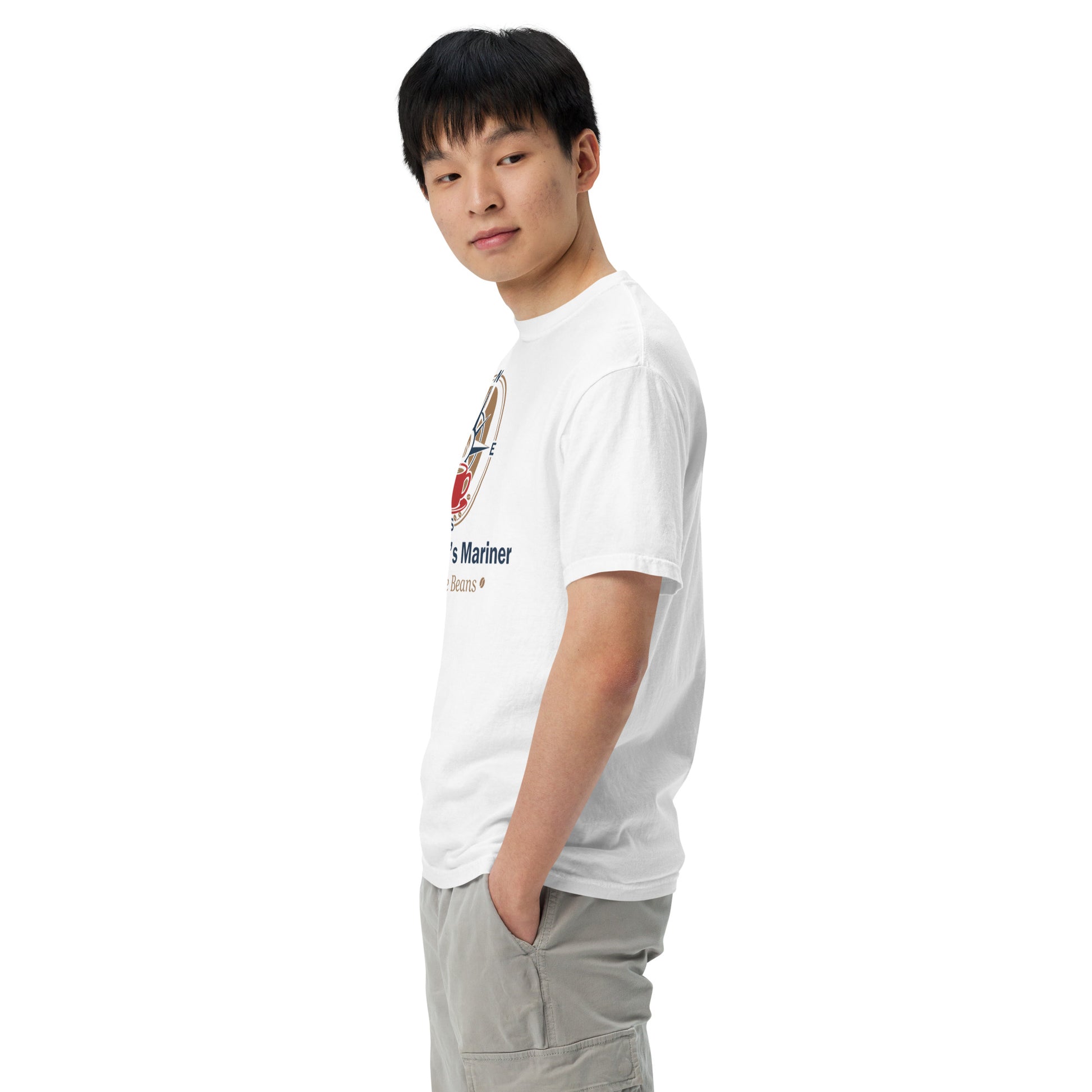 White heavyweight unisex T-shirt, side profile, crew neck and partial front graphic