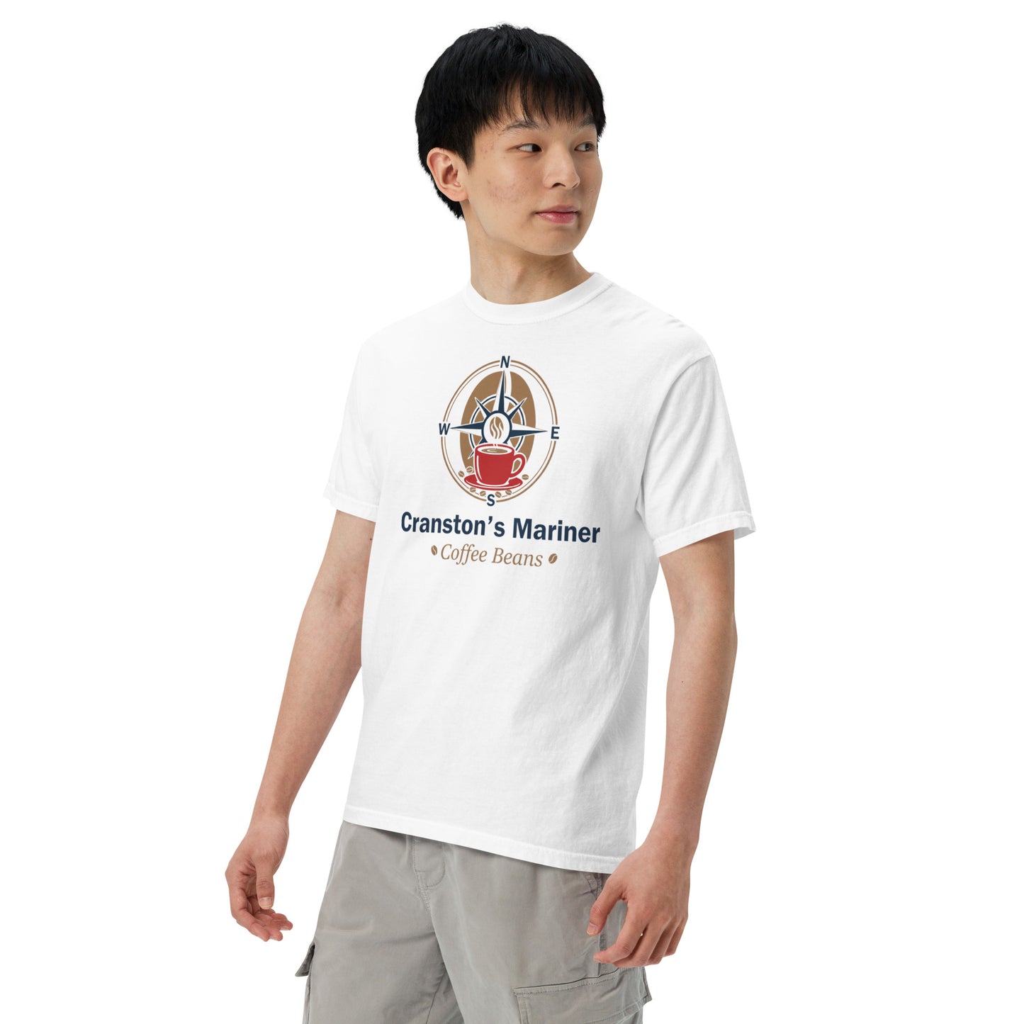 White heavyweight unisex T-shirt with crew neck and front emblem graphic print