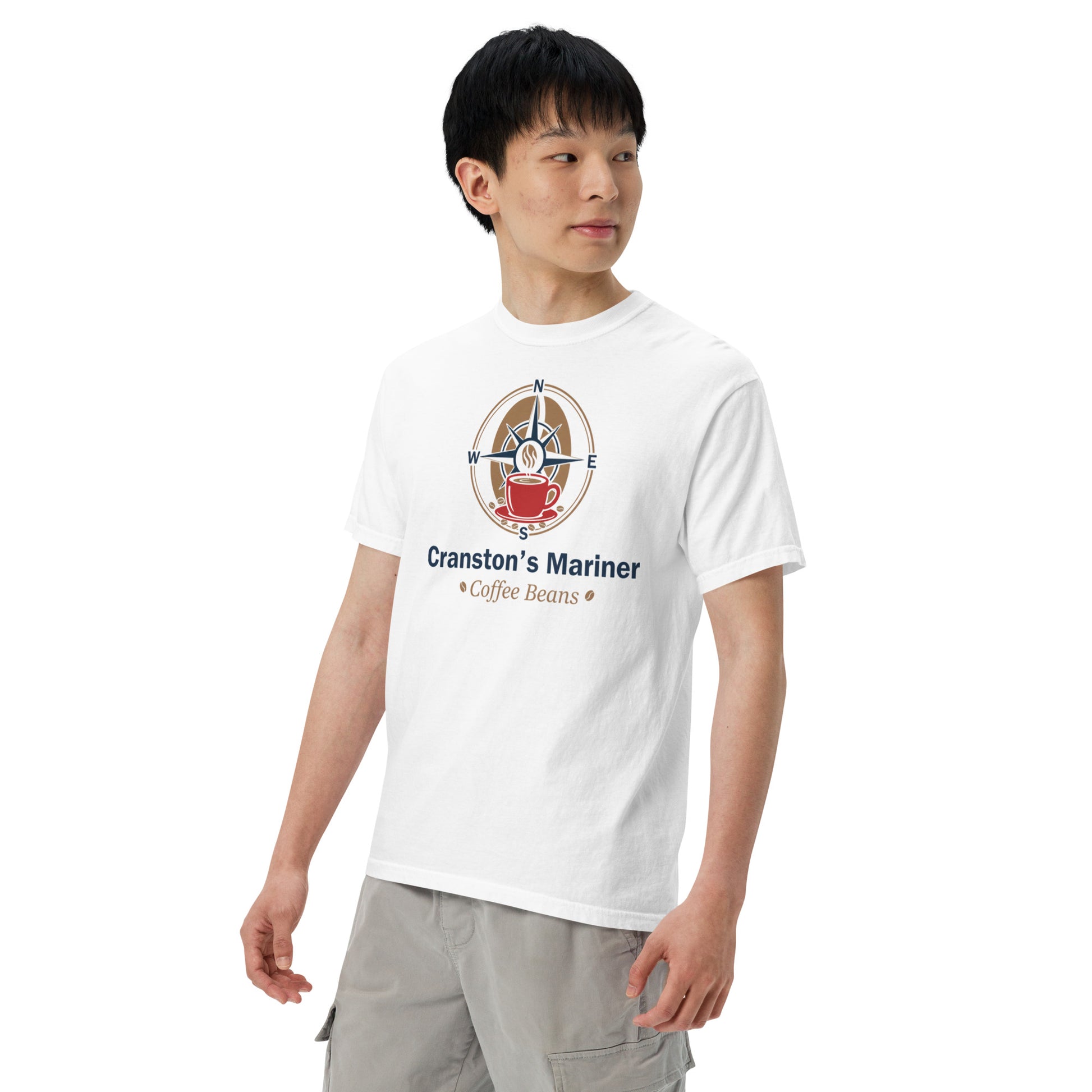 White heavyweight unisex T-shirt with crew neck and front emblem graphic print