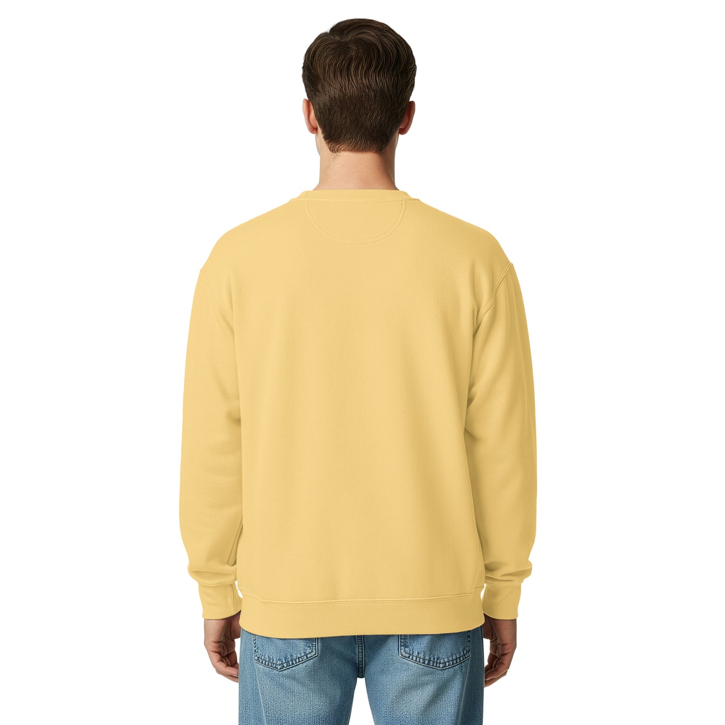 Unisex garment-dyed sweatshirt, butter yellow, back view, crewneck long sleeves