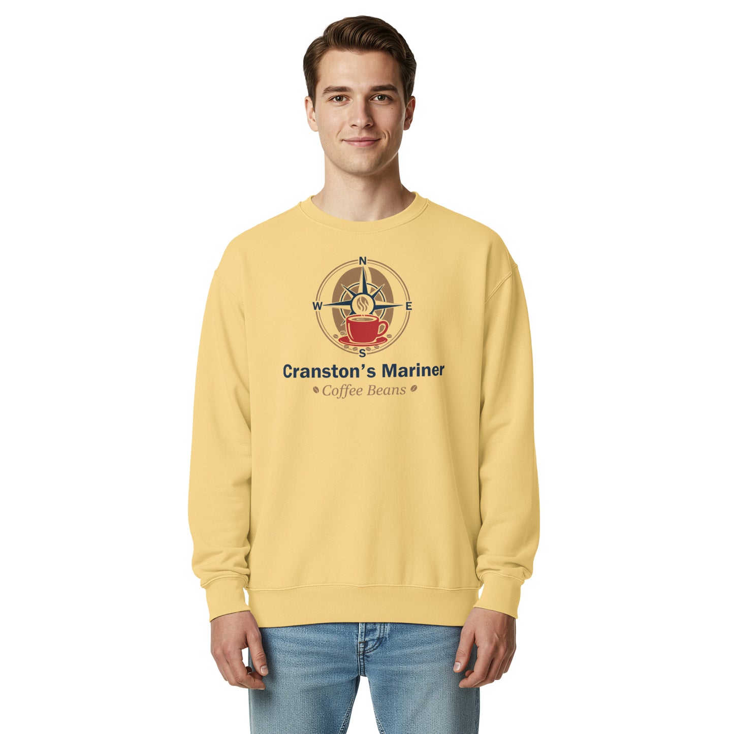 Unisex garment-dyed sweatshirt, butter yellow, front graphic logo print, crewneck long sleeves