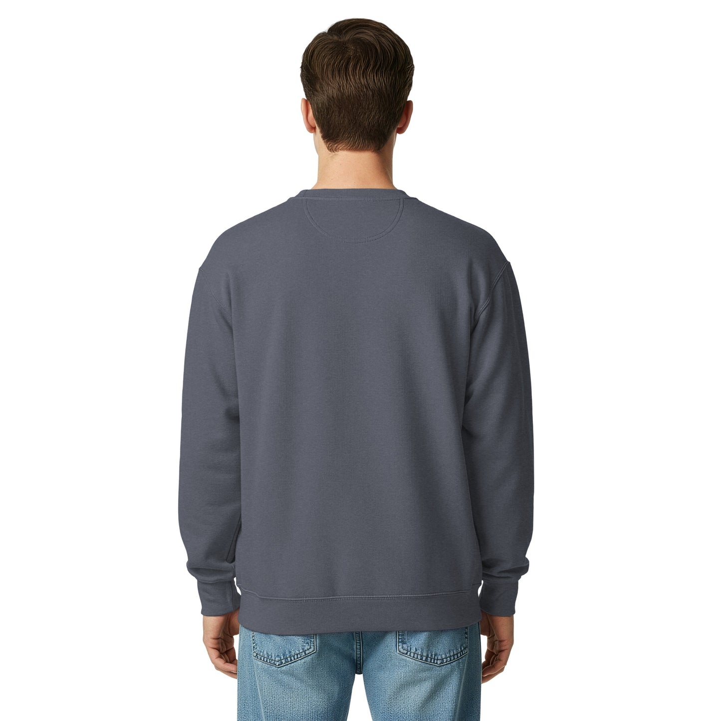 Unisex garment-dyed sweatshirt, slate blue, back view, crewneck long sleeves