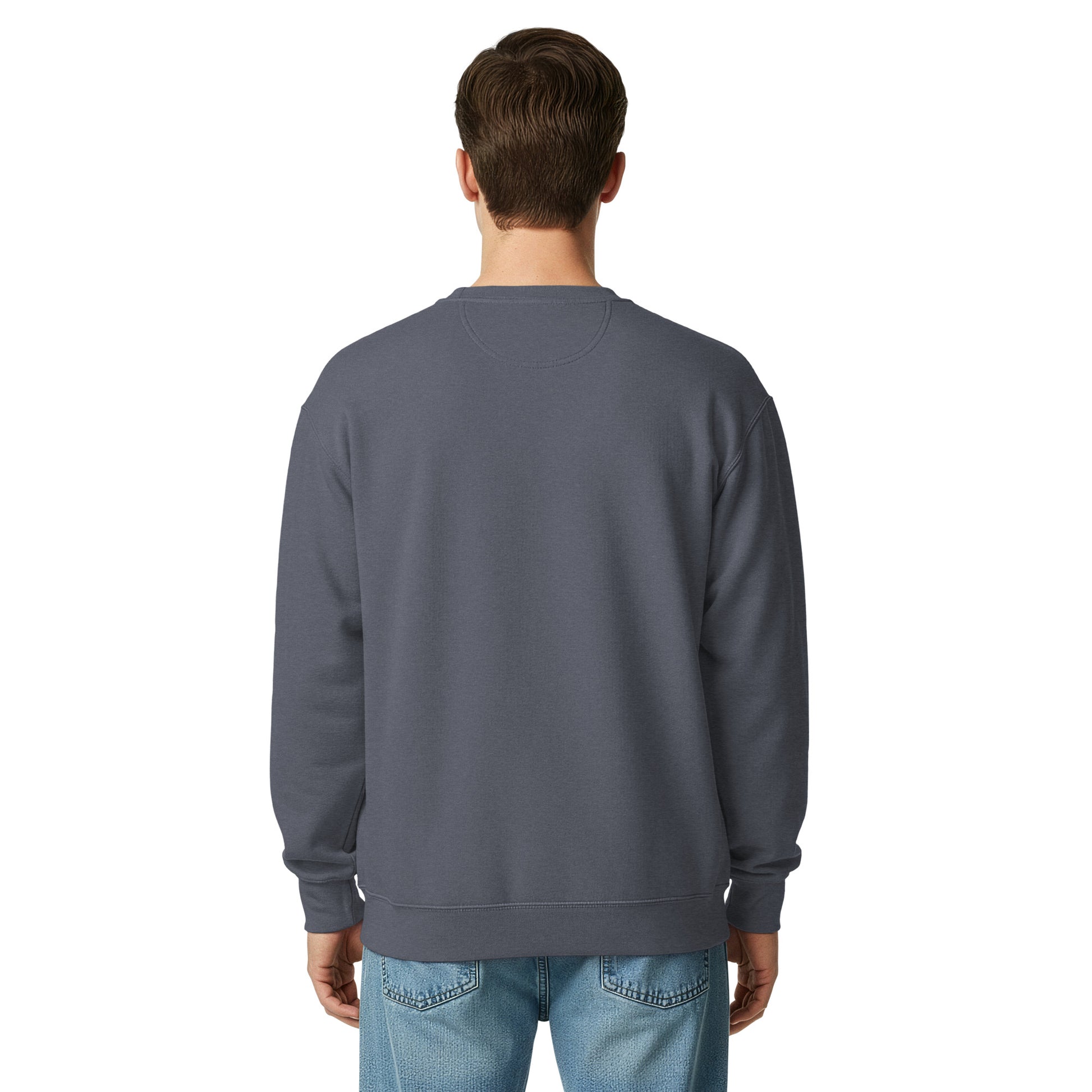 Unisex garment-dyed sweatshirt, slate blue, back view, crewneck long sleeves