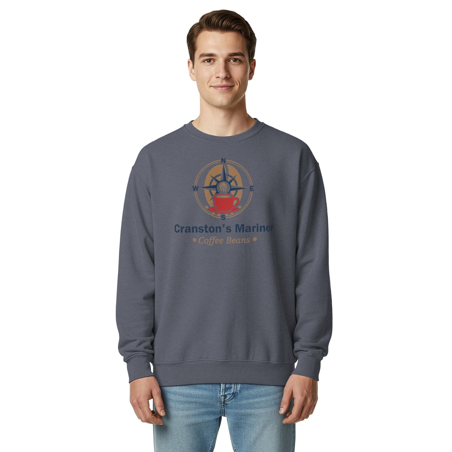 Unisex garment-dyed sweatshirt, slate blue, front graphic logo print, crewneck long sleeves