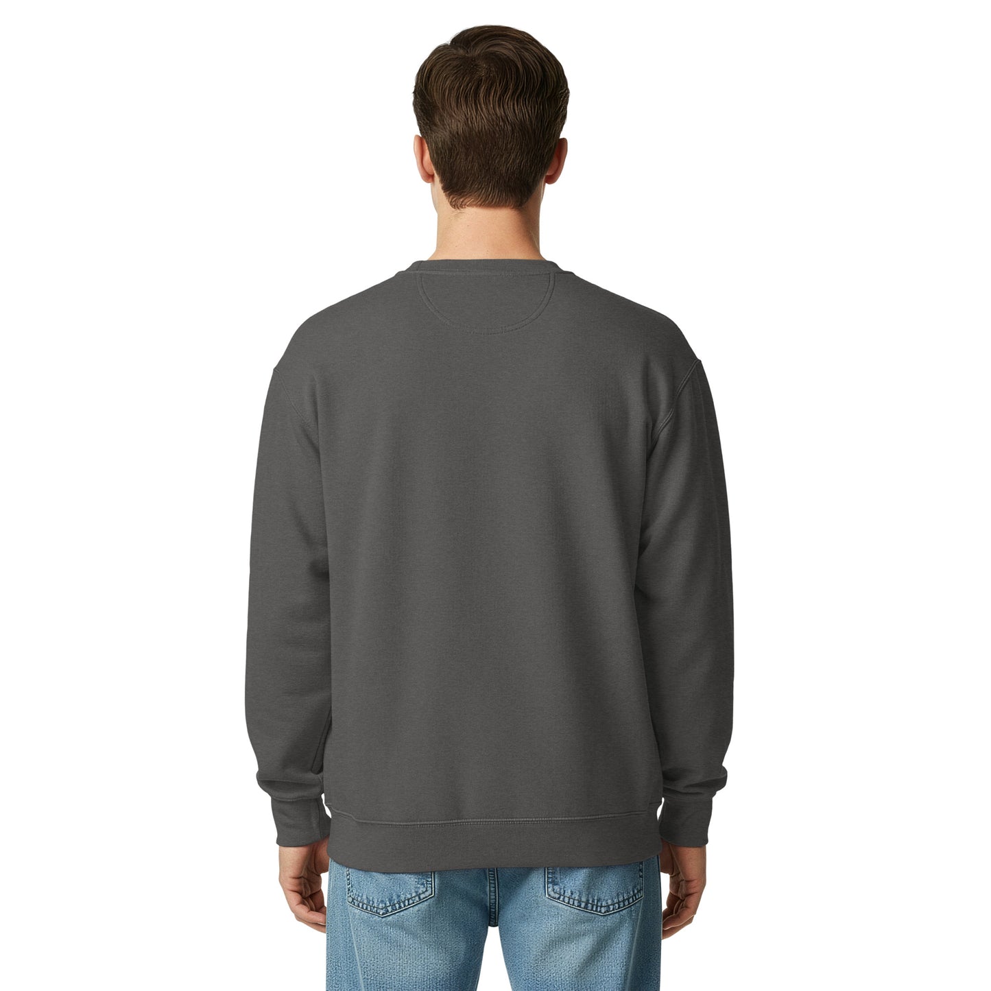 Unisex garment-dyed sweatshirt, dark gray, back view, crewneck long sleeves
