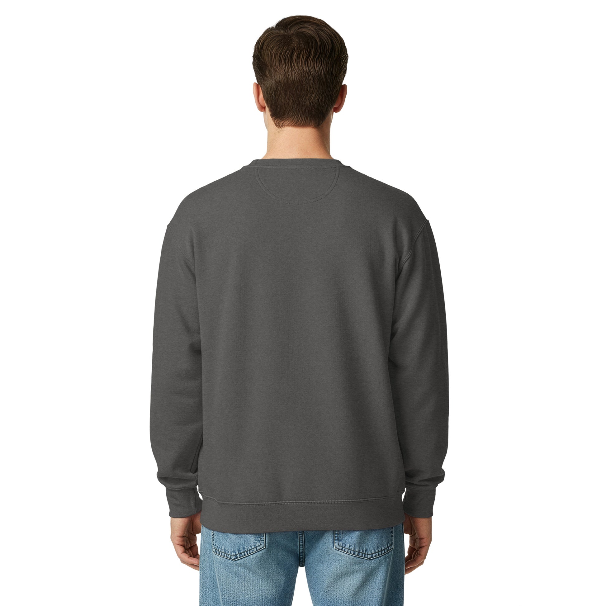 Unisex garment-dyed sweatshirt, dark gray, back view, crewneck long sleeves