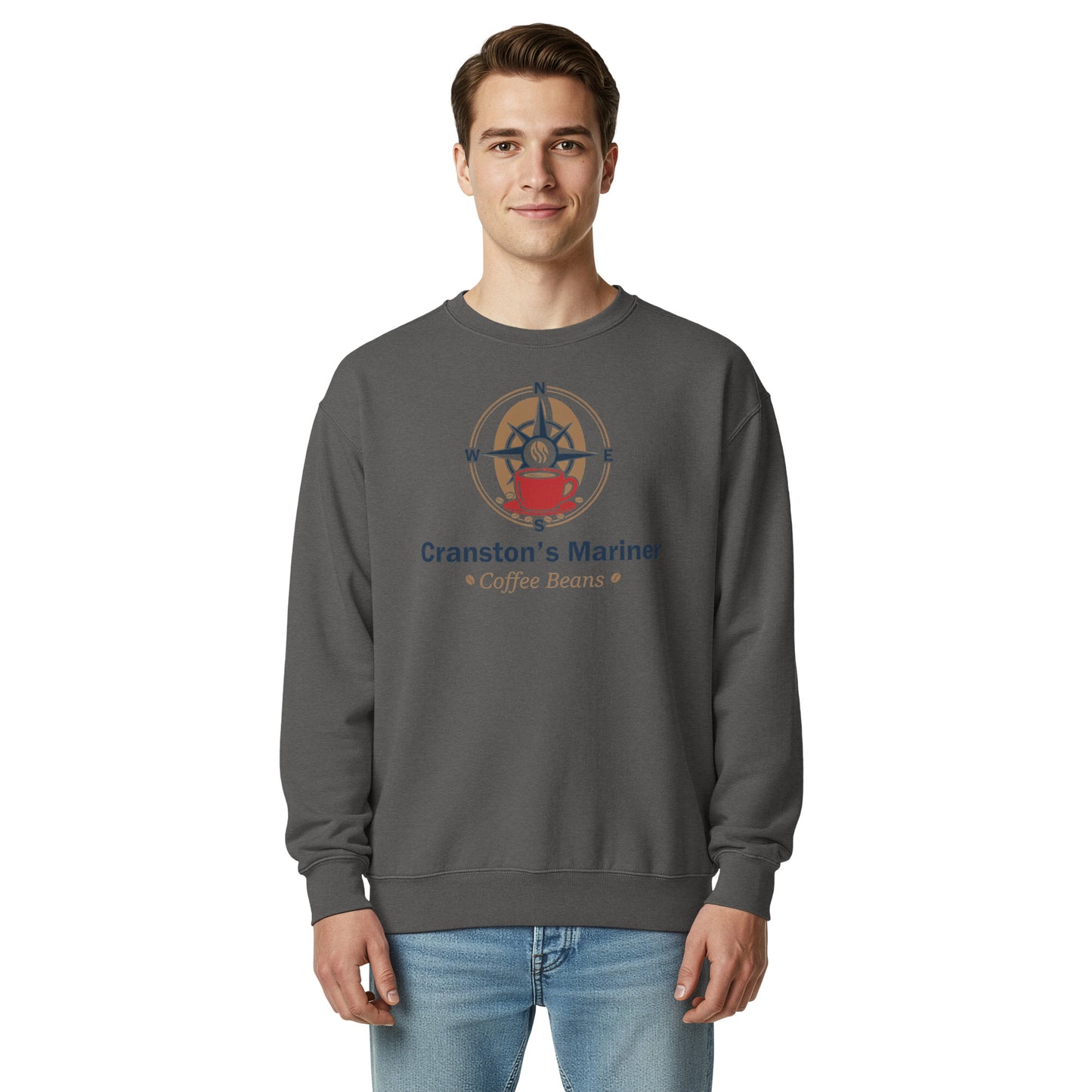 Unisex garment-dyed sweatshirt, dark gray, front graphic logo print, crewneck long sleeves