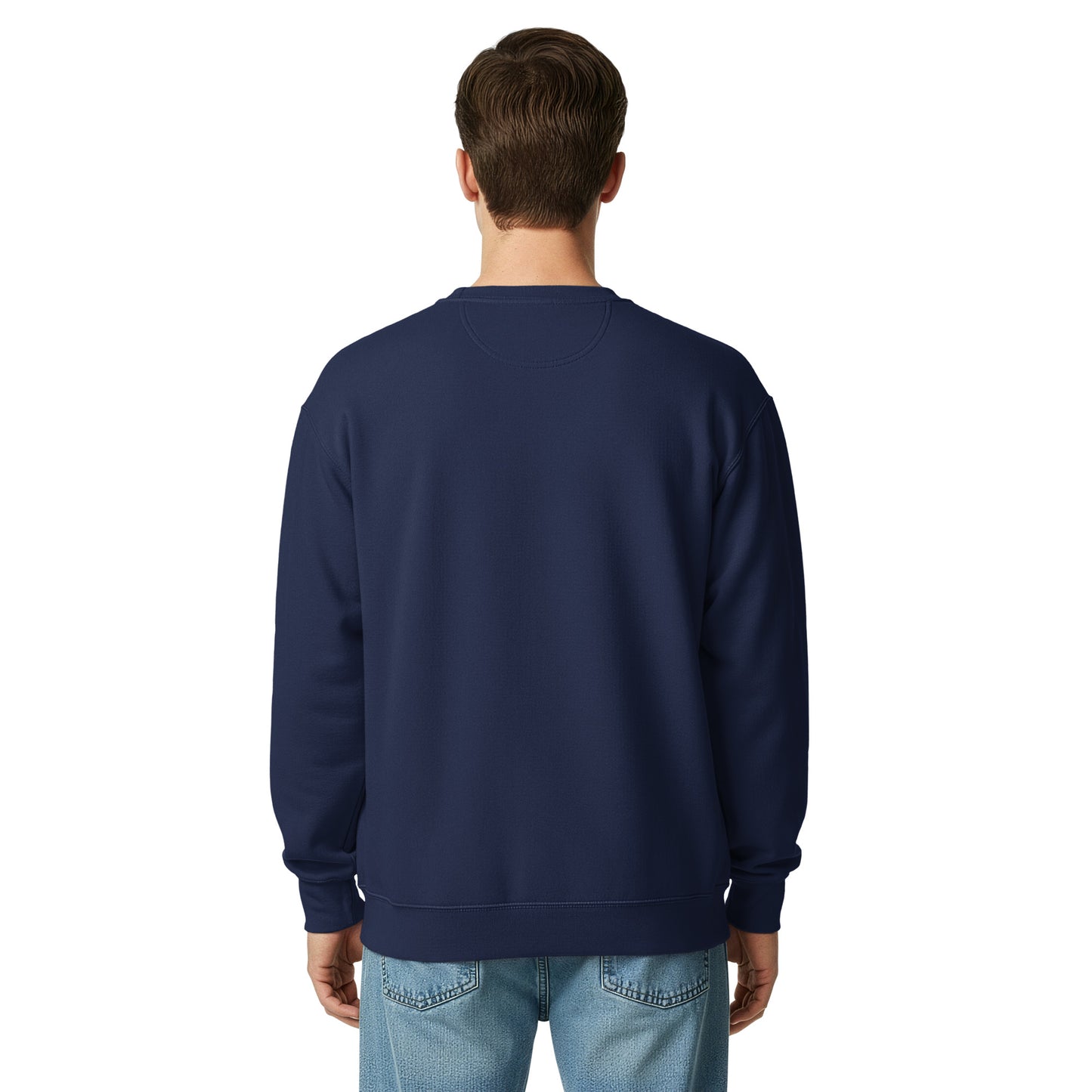 Unisex garment-dyed sweatshirt, navy, back view, crewneck long sleeves