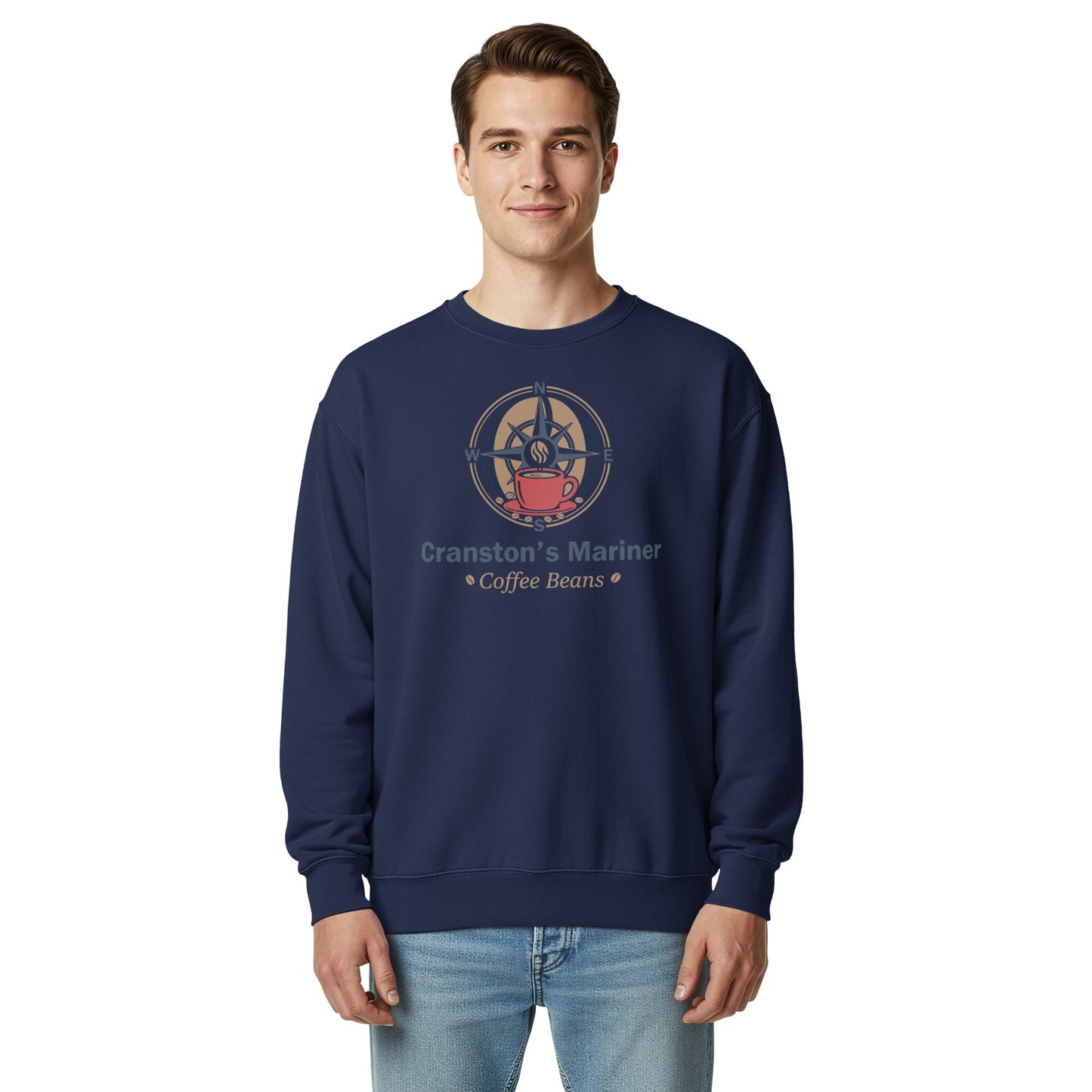 Unisex garment-dyed sweatshirt, navy, front graphic logo print, crewneck long sleeves
