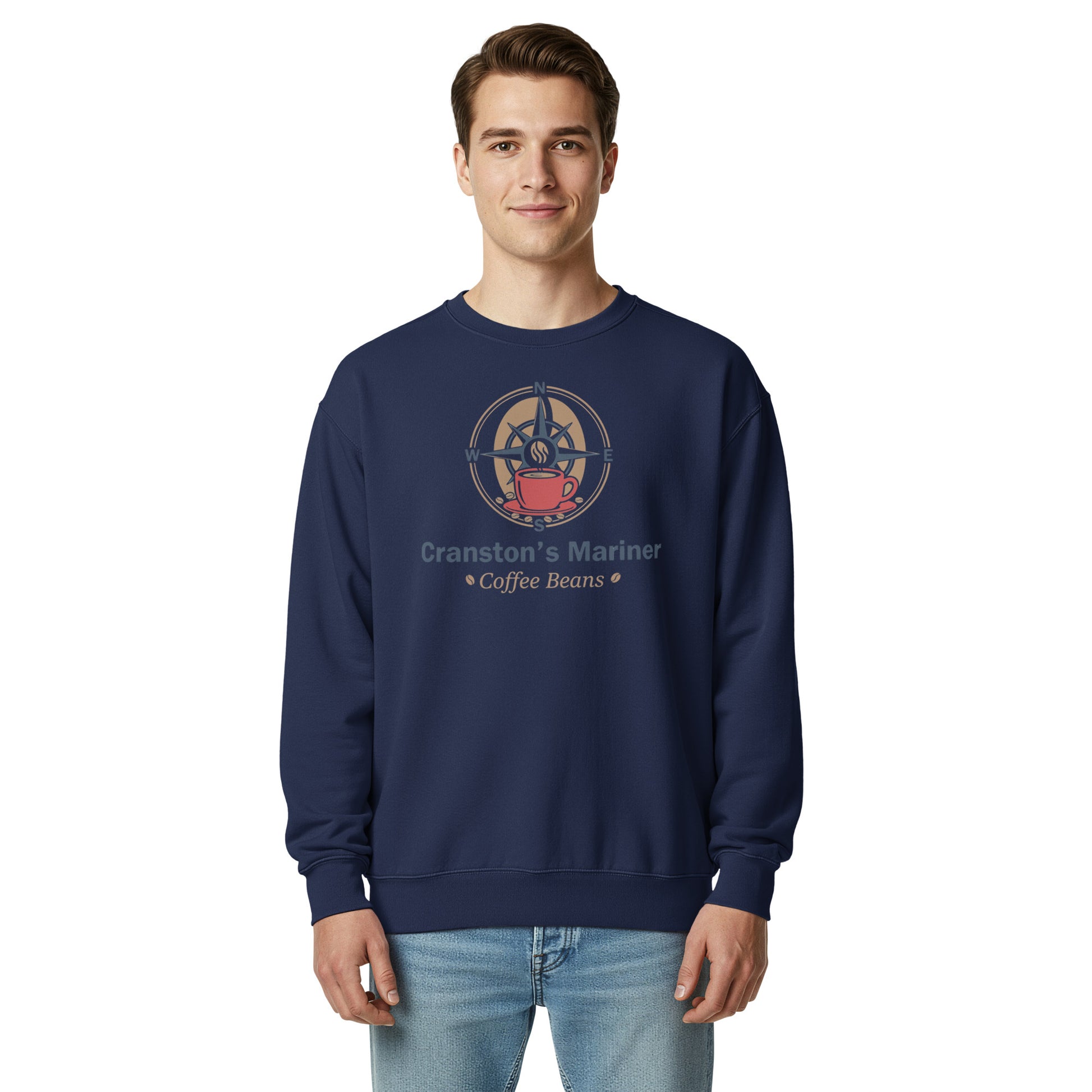 Unisex garment-dyed sweatshirt, navy, front graphic logo print, crewneck long sleeves